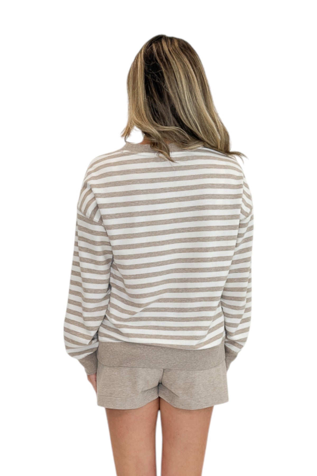 Back view of woman wearing Swagger Boutiqueās Heather Ash The Everyday Striped Crew with Heather Ash The Everyday Short against white studio background.