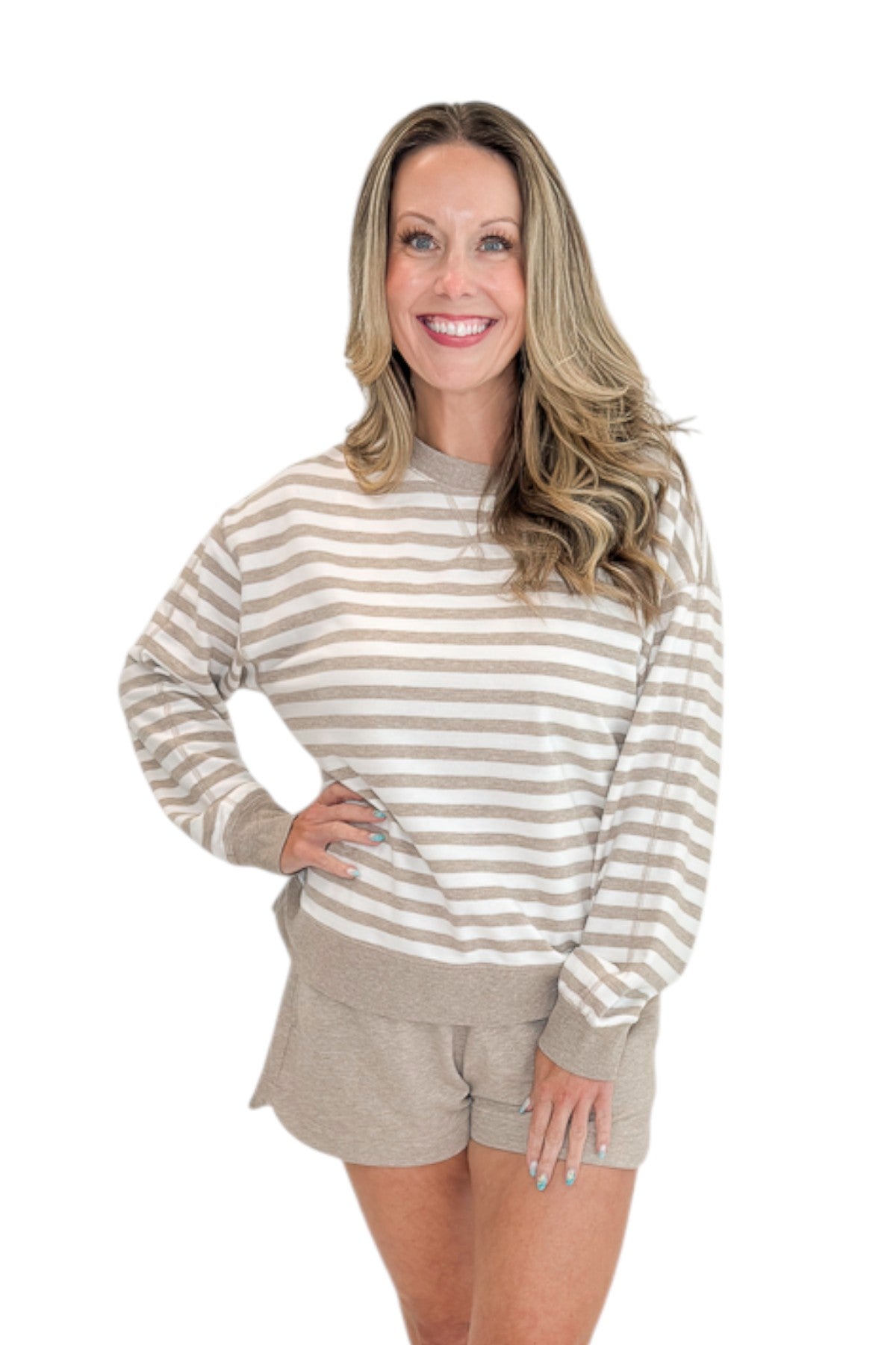 Front view of woman wearing Swagger Boutiqueās Heather Ash The Everyday Striped Crew with Heather Ash The Everyday Short against white studio background.
