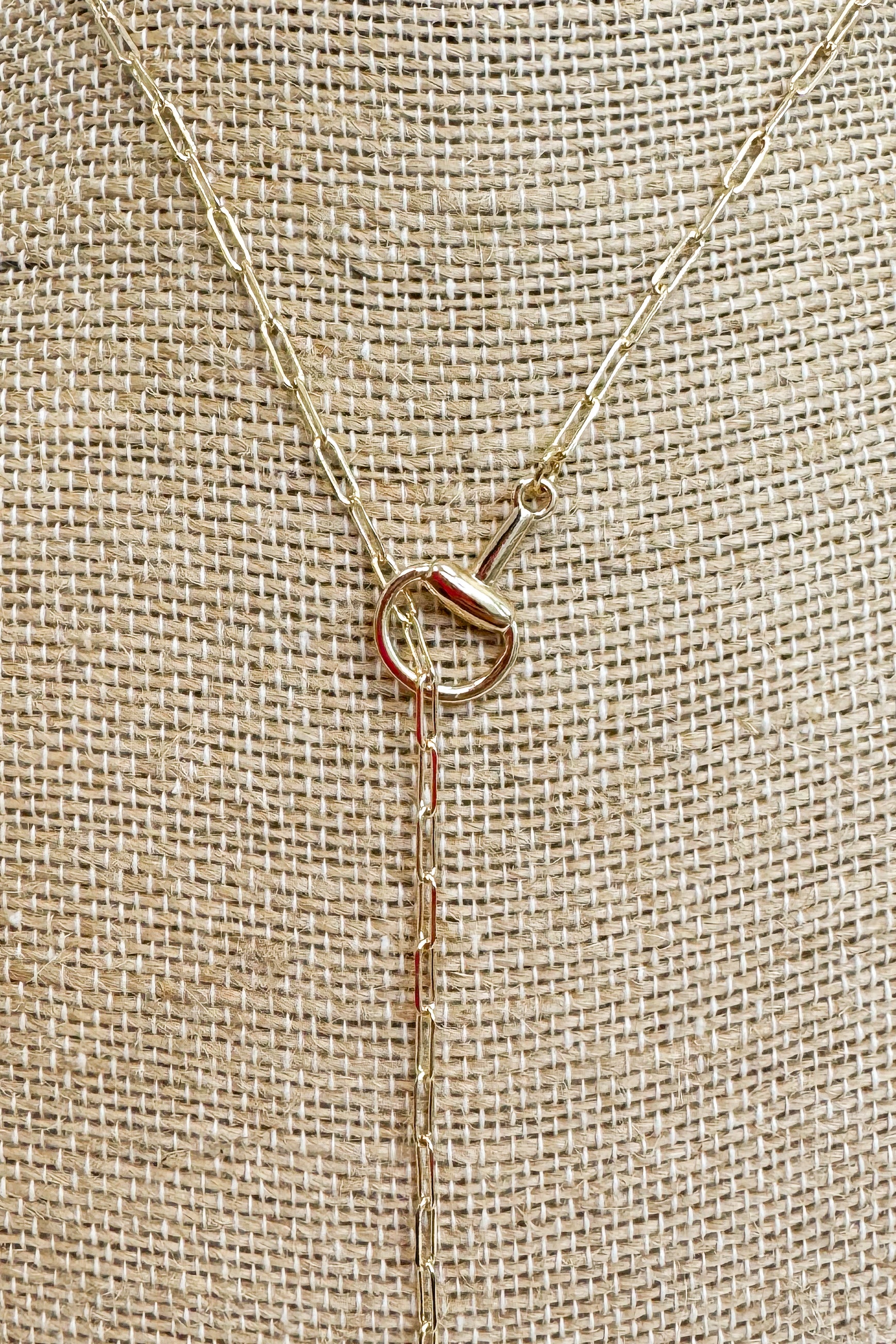 Close up of gold-tone delicate chain necklace featuring a small horsebit pendant, displayed on a beige jewelry bust