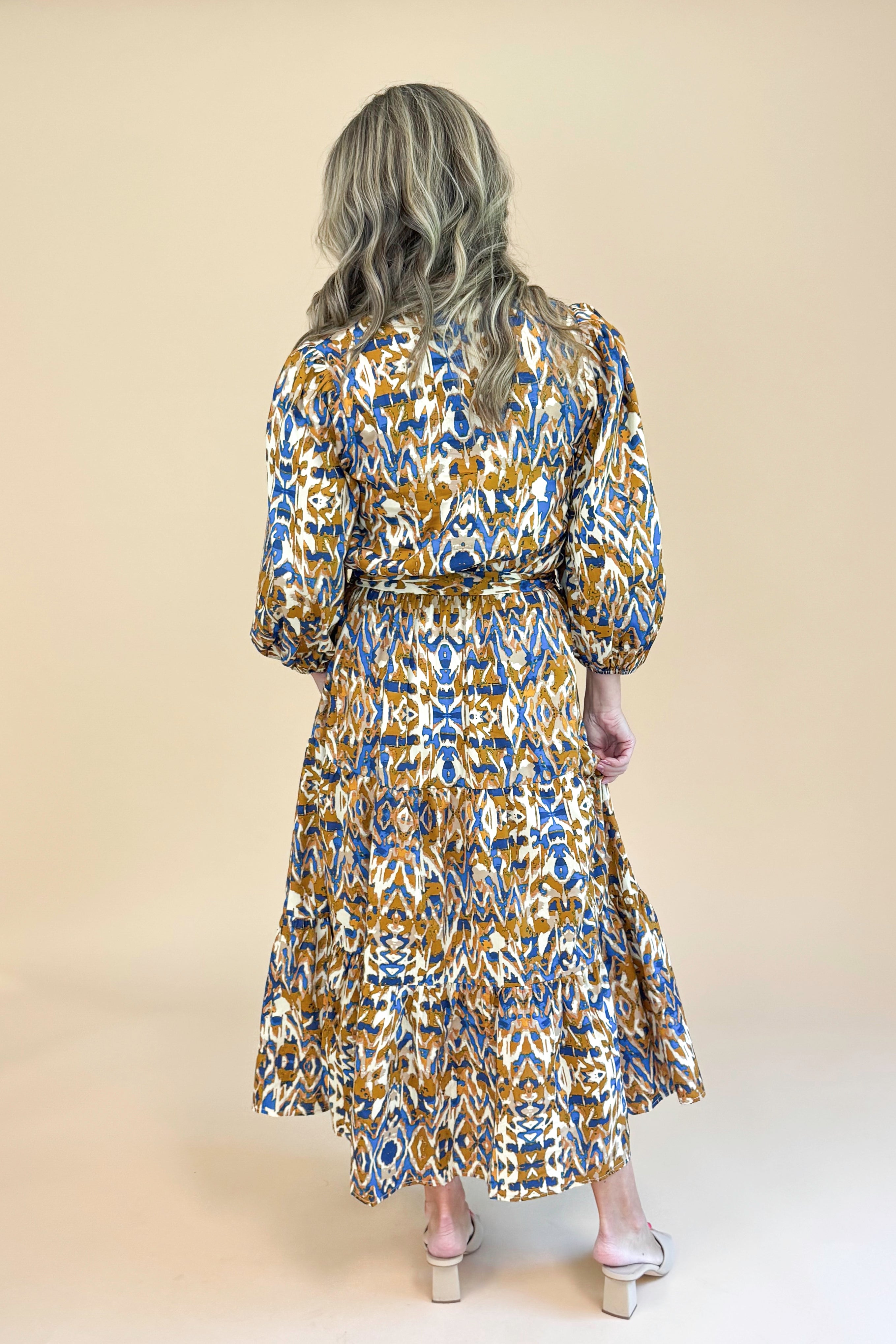 Steep Dreams Camel & Blue Printed Puff Sleeve Midi Dress