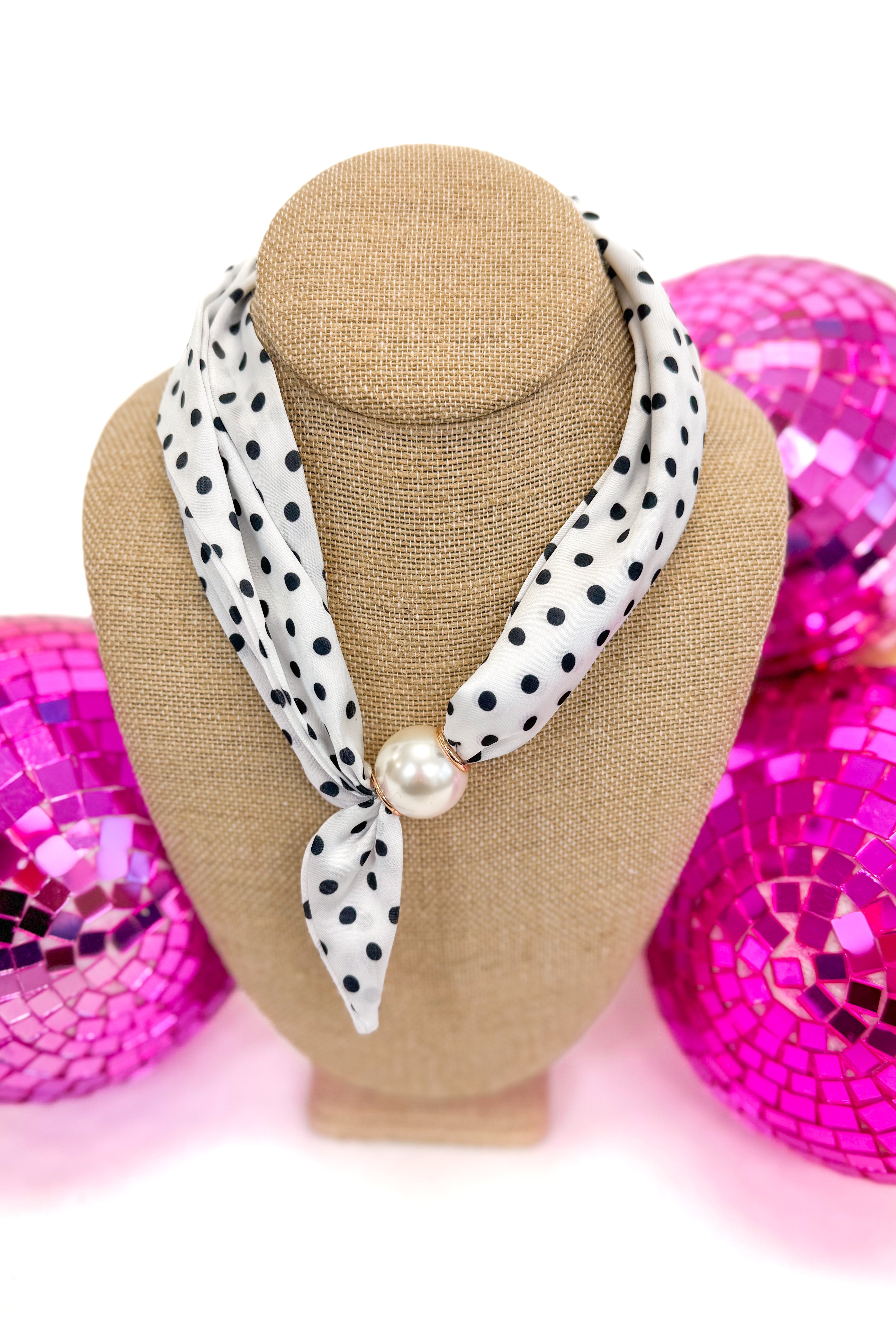 polka dot scarf necklace with a pearl pendant