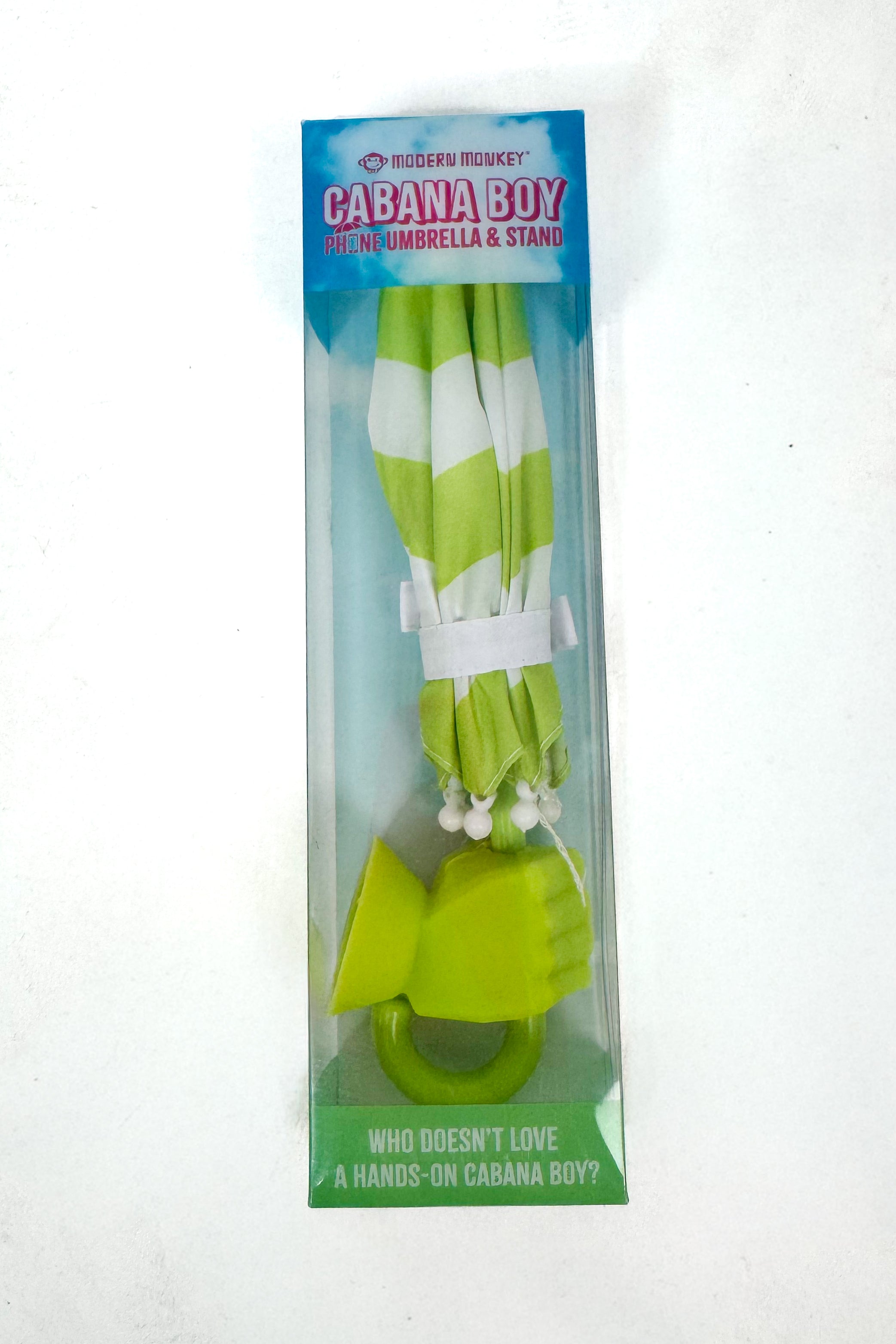 Green and white striped umbrella with stand in packaging on a white background