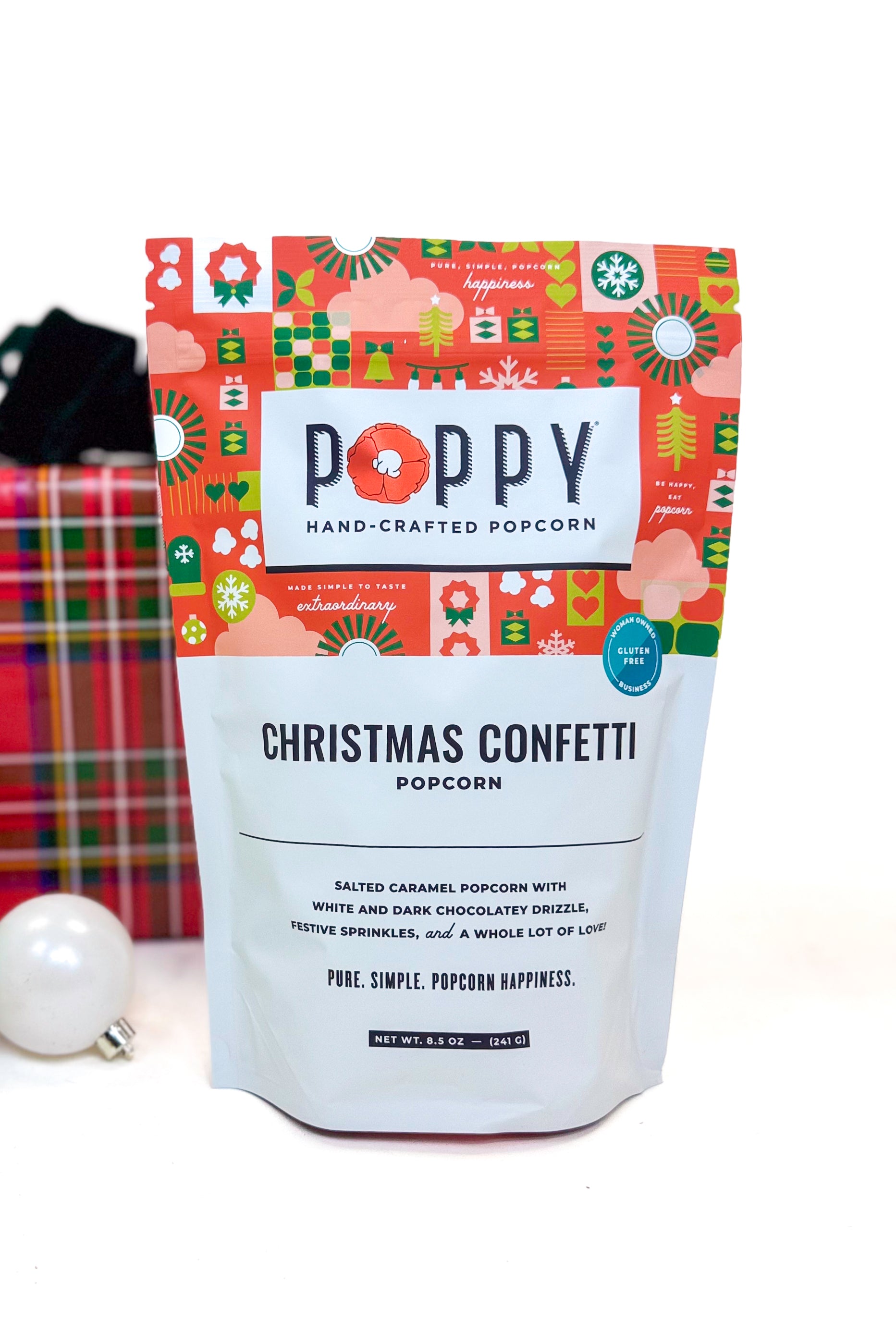 Poppy Popcorn Christmas Confetti bag and decor