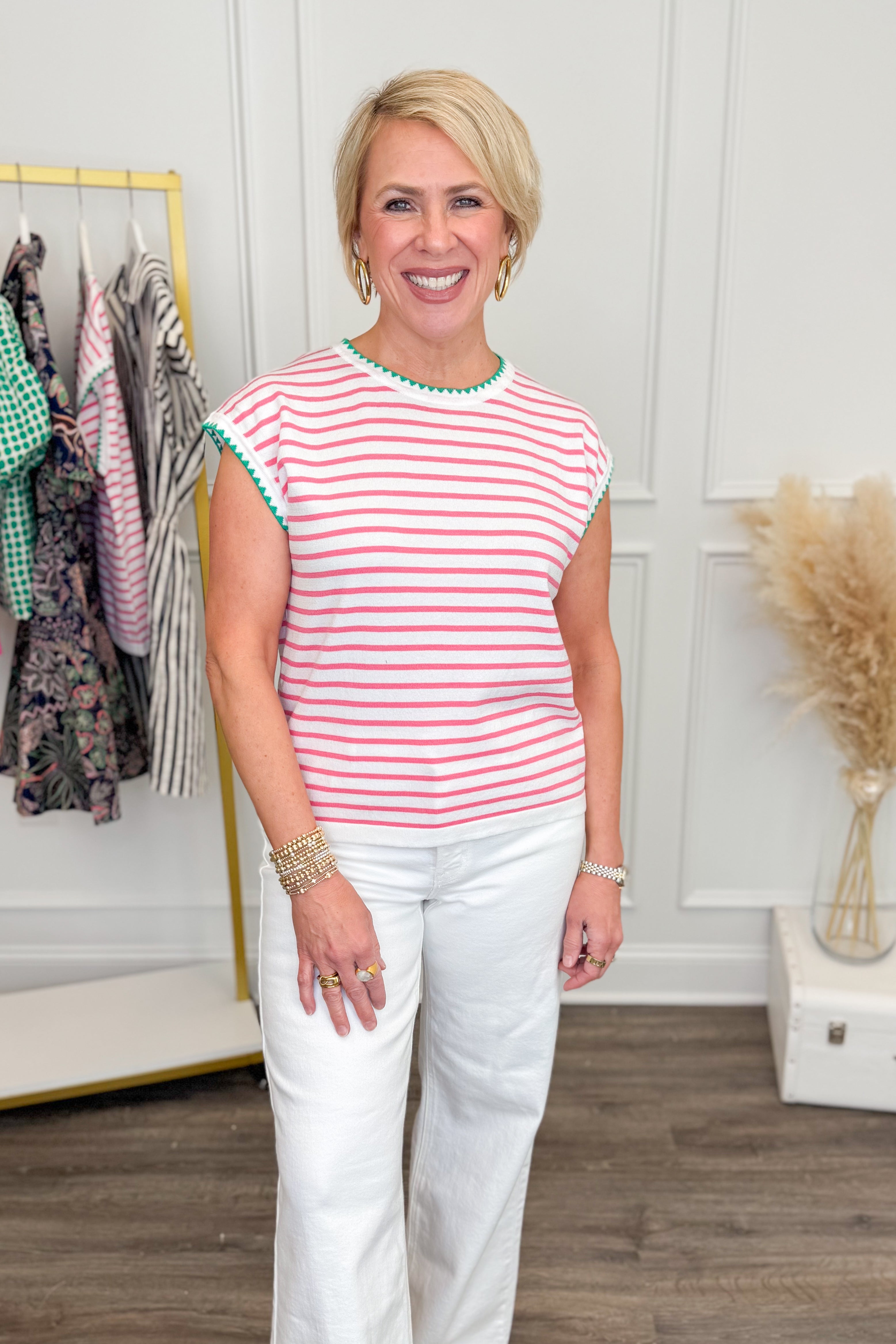 Private Joke Pink Striped With Green Lining Sleeveless Sweater