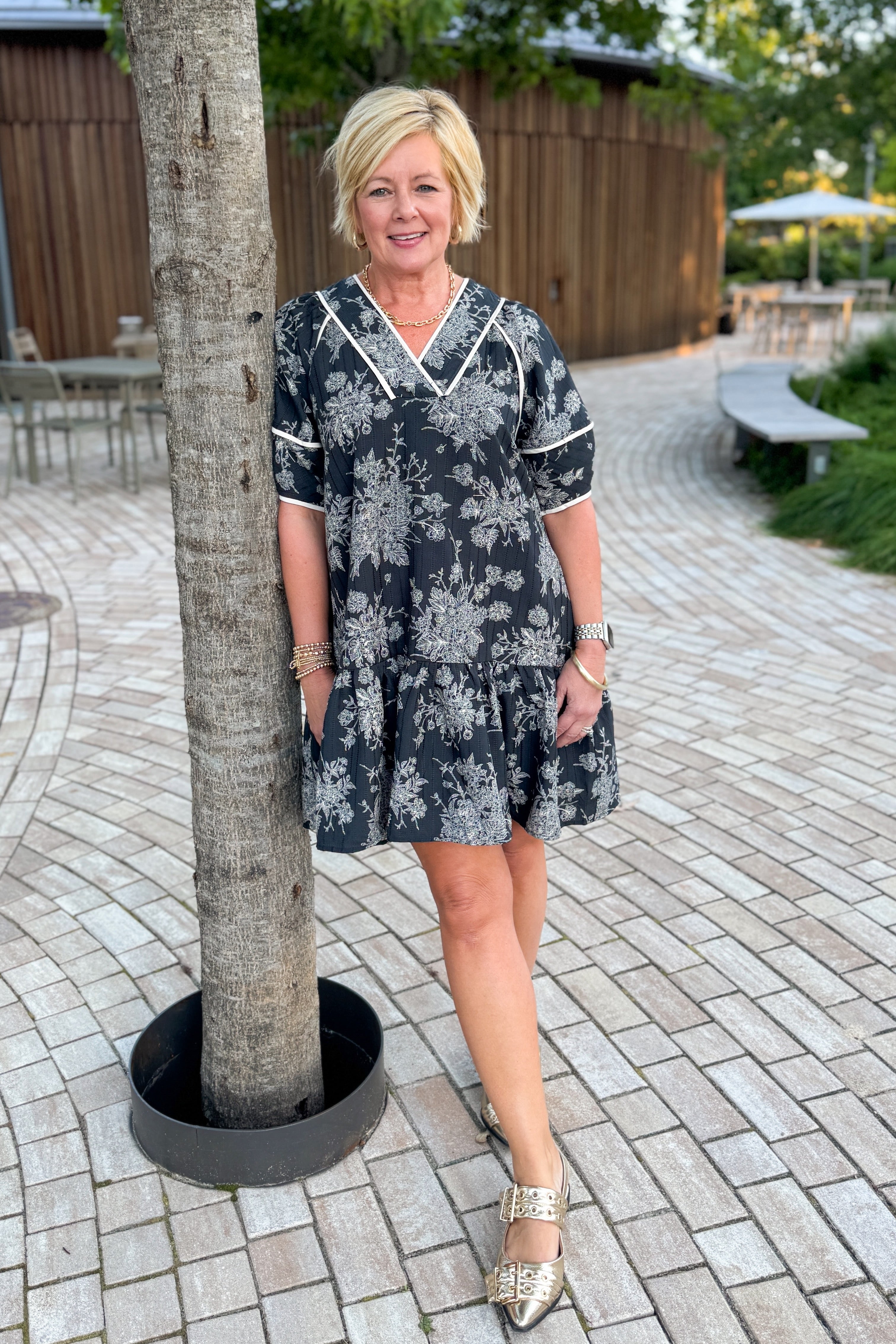 In Full Swing Black Floral V-neck Short Sleeve Dress
