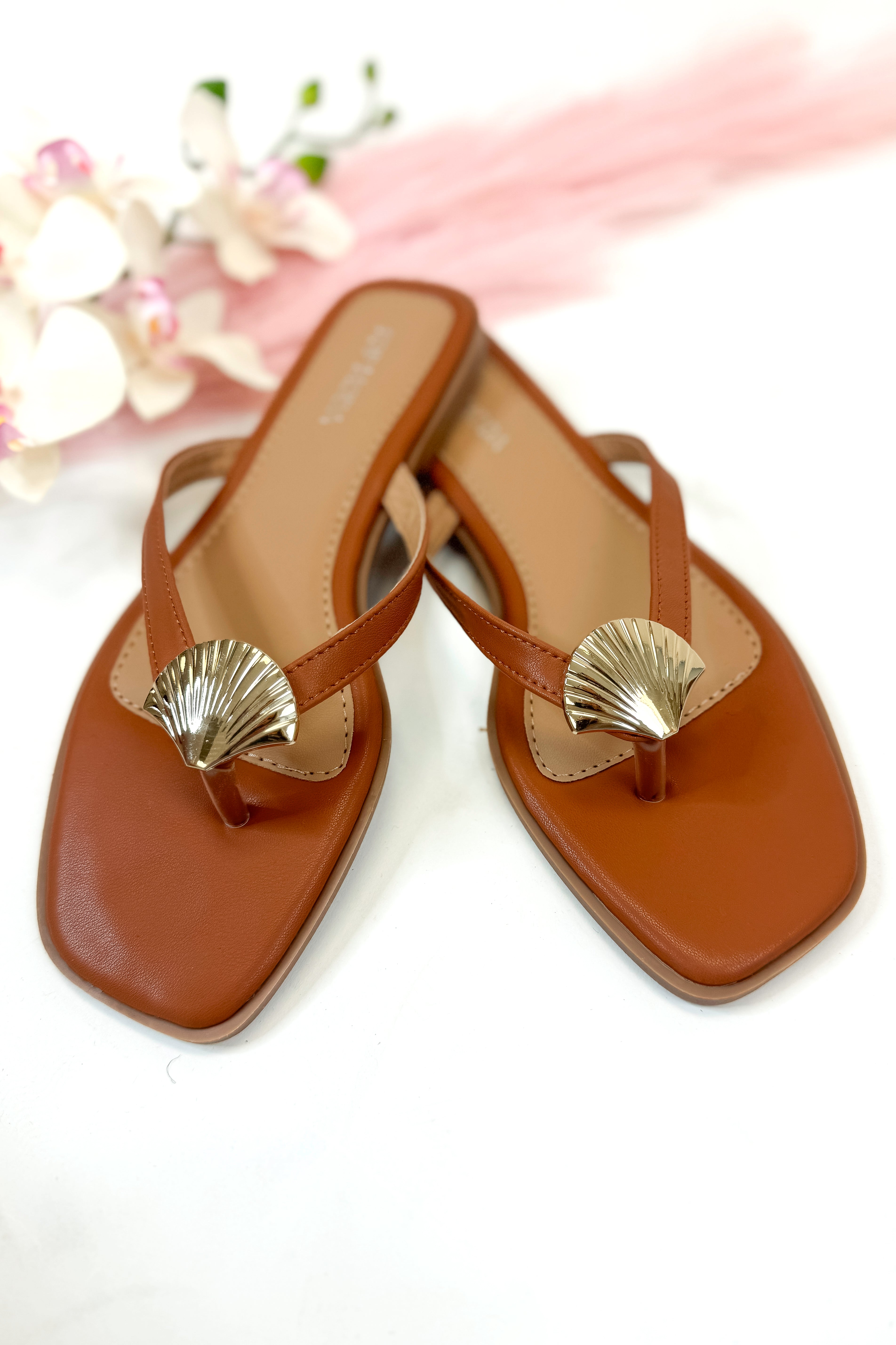 Doha- Tan Shell Detail Flip Flops front view