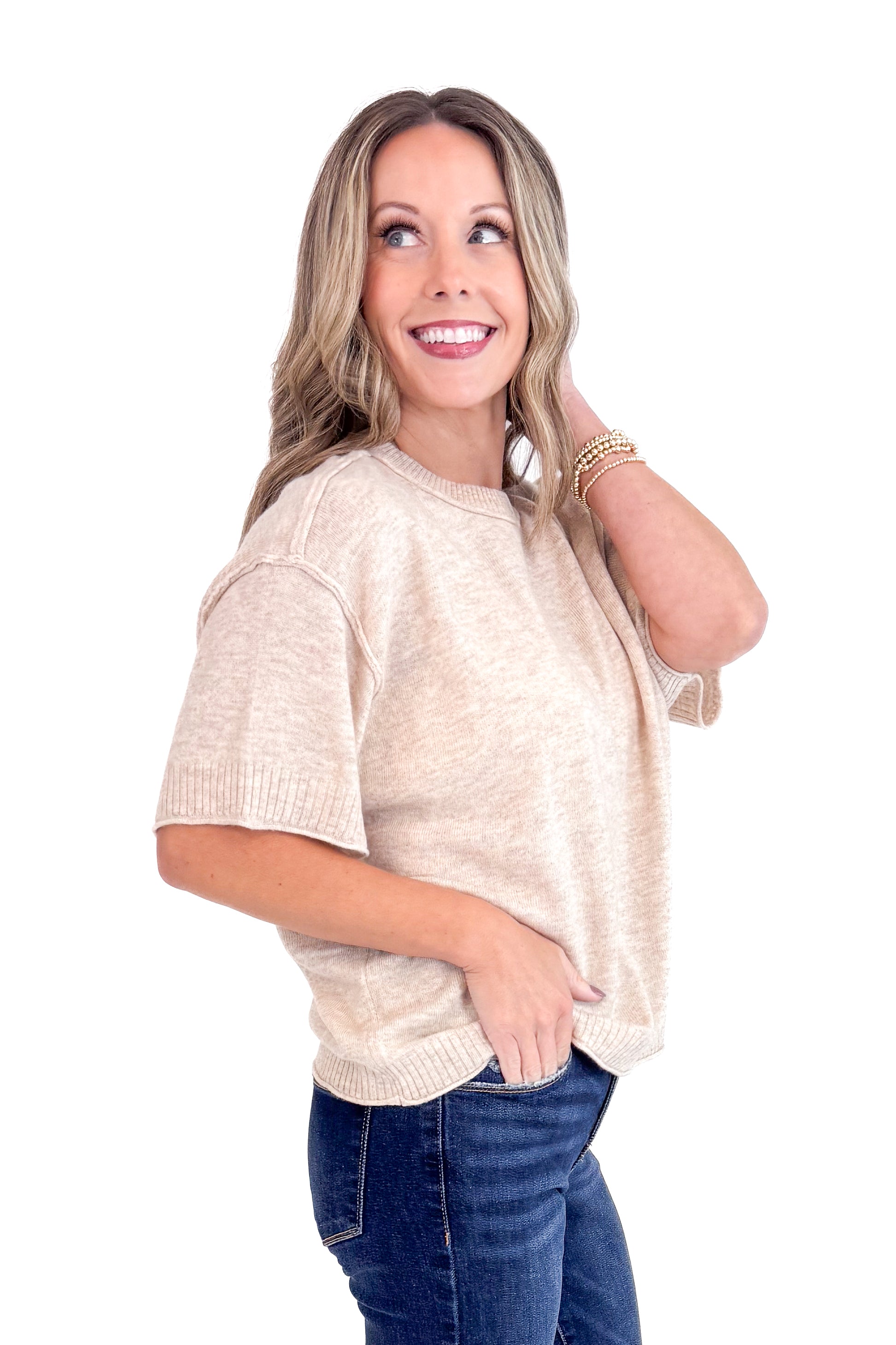 Comfort Zone Oatmeal Ribbed Hem Detail Short Sleeve Sweater