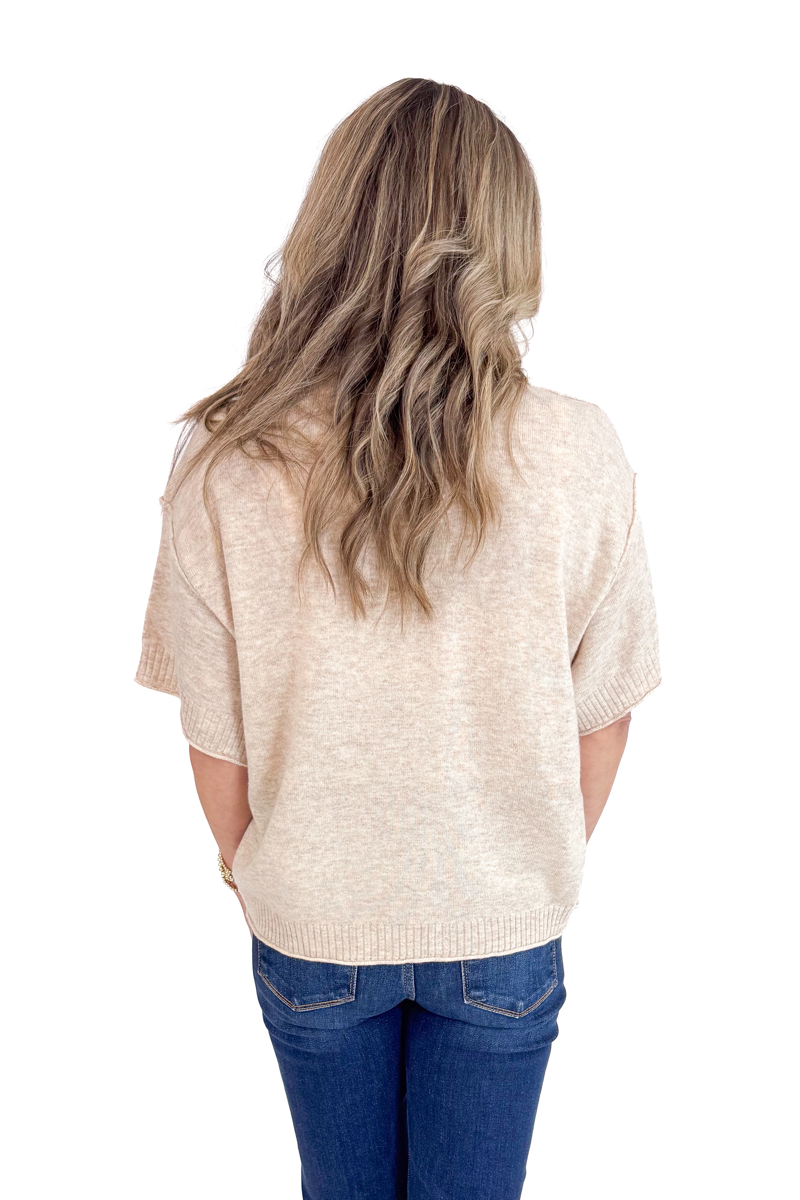 Comfort Zone Oatmeal Ribbed Hem Detail Short Sleeve Sweater