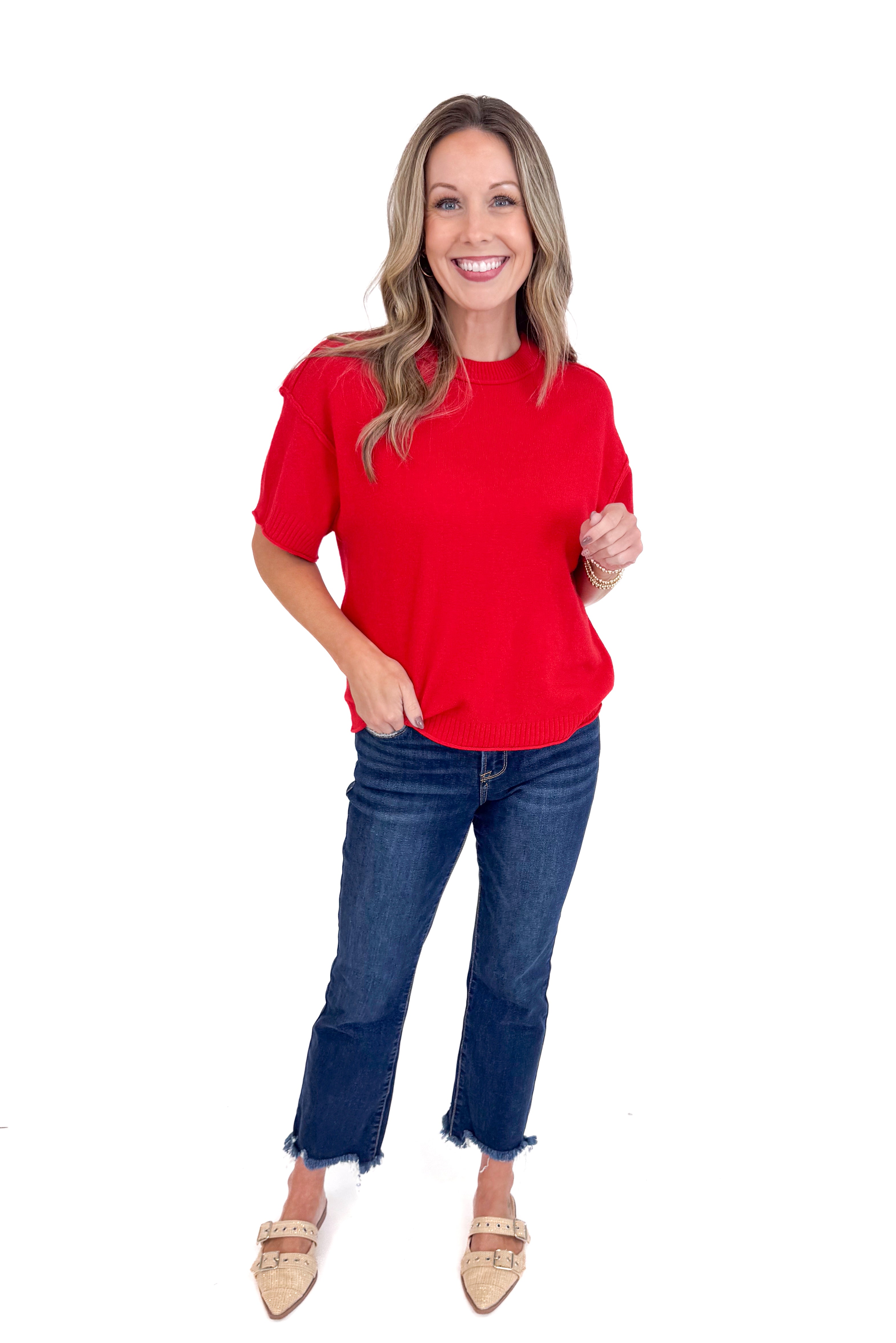 Comfort Zone Red Ribbed Hem Detail Short Sleeve Sweater