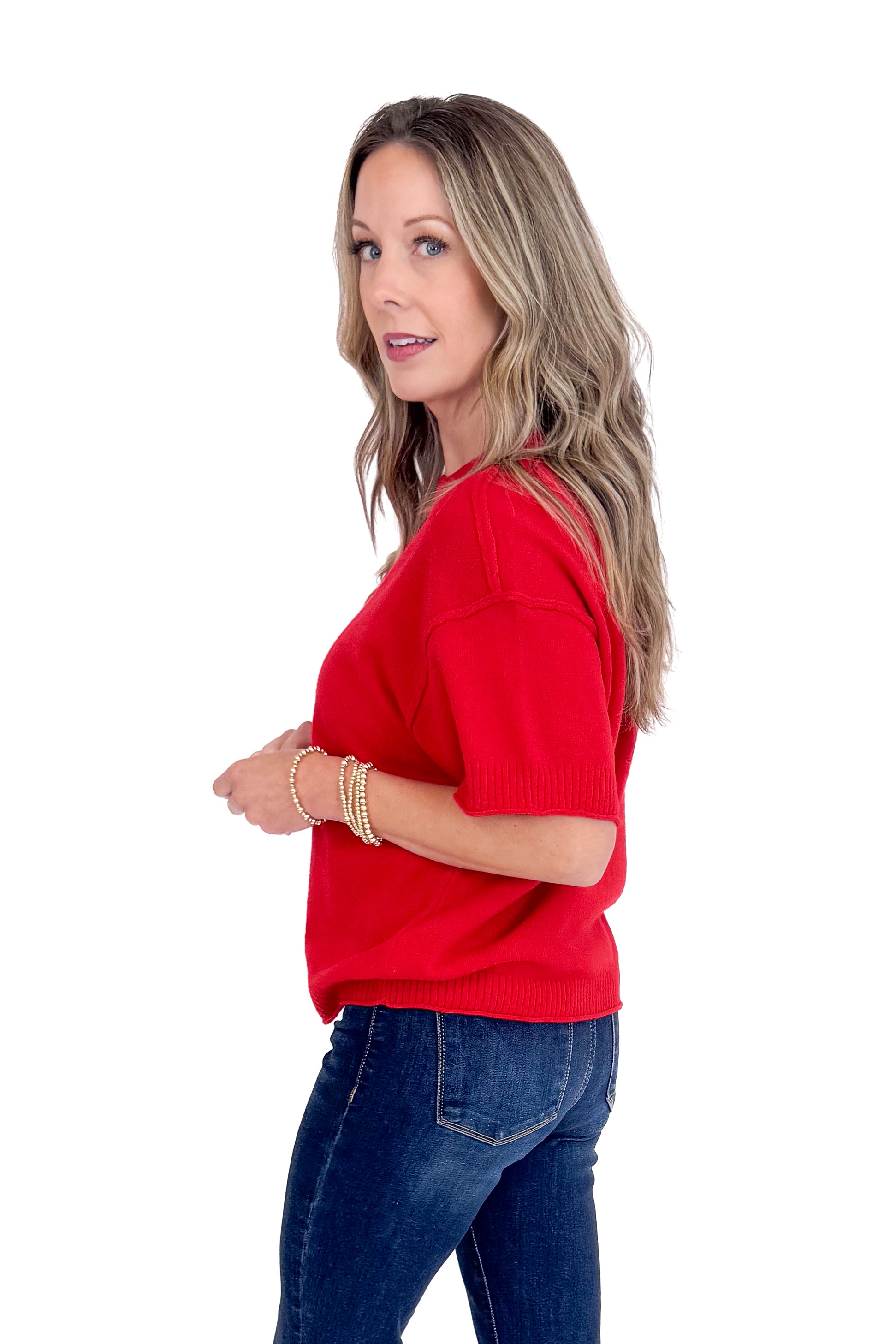 Comfort Zone Red Ribbed Hem Detail Short Sleeve Sweater