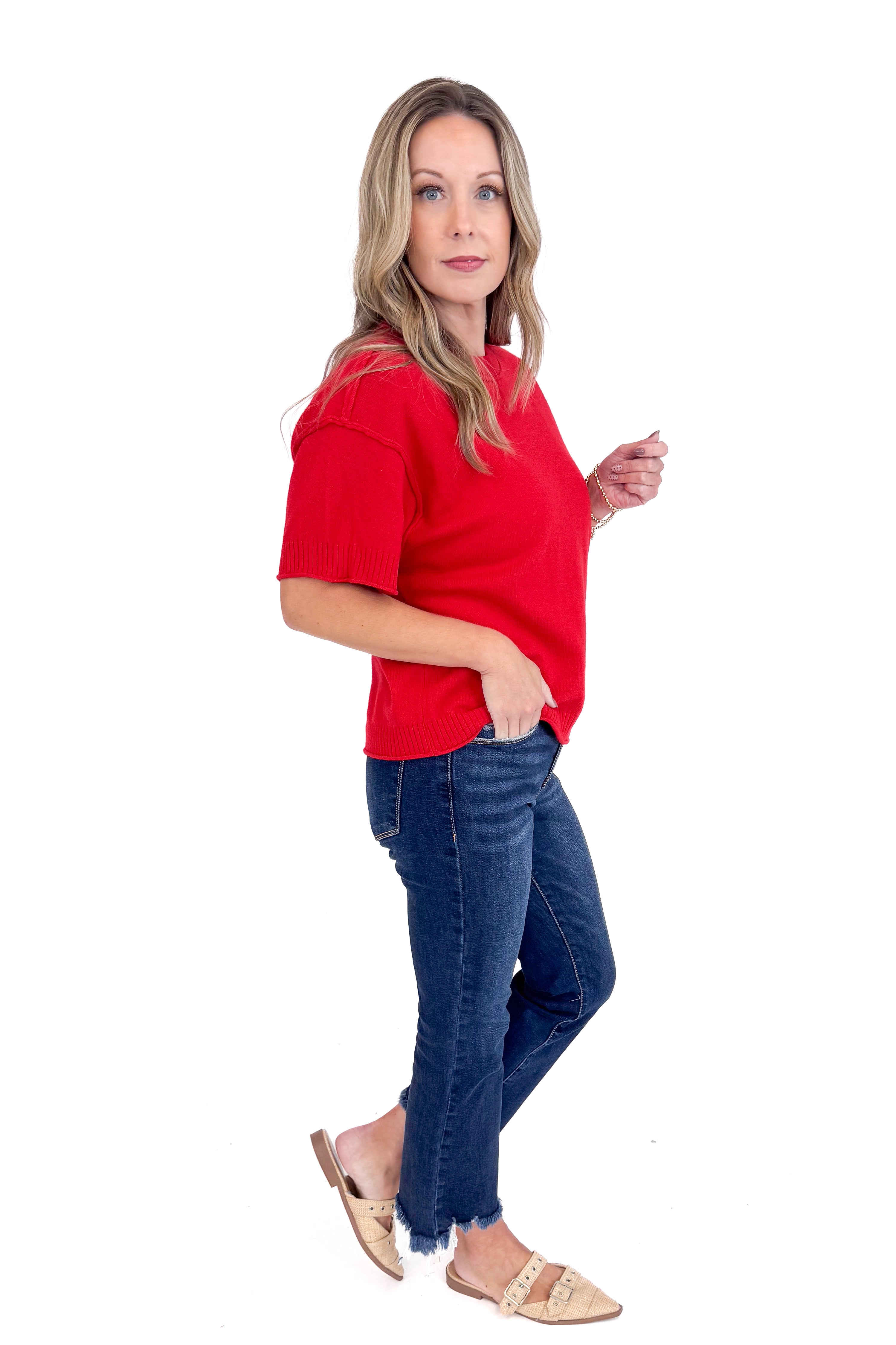 Comfort Zone Red Ribbed Hem Detail Short Sleeve Sweater