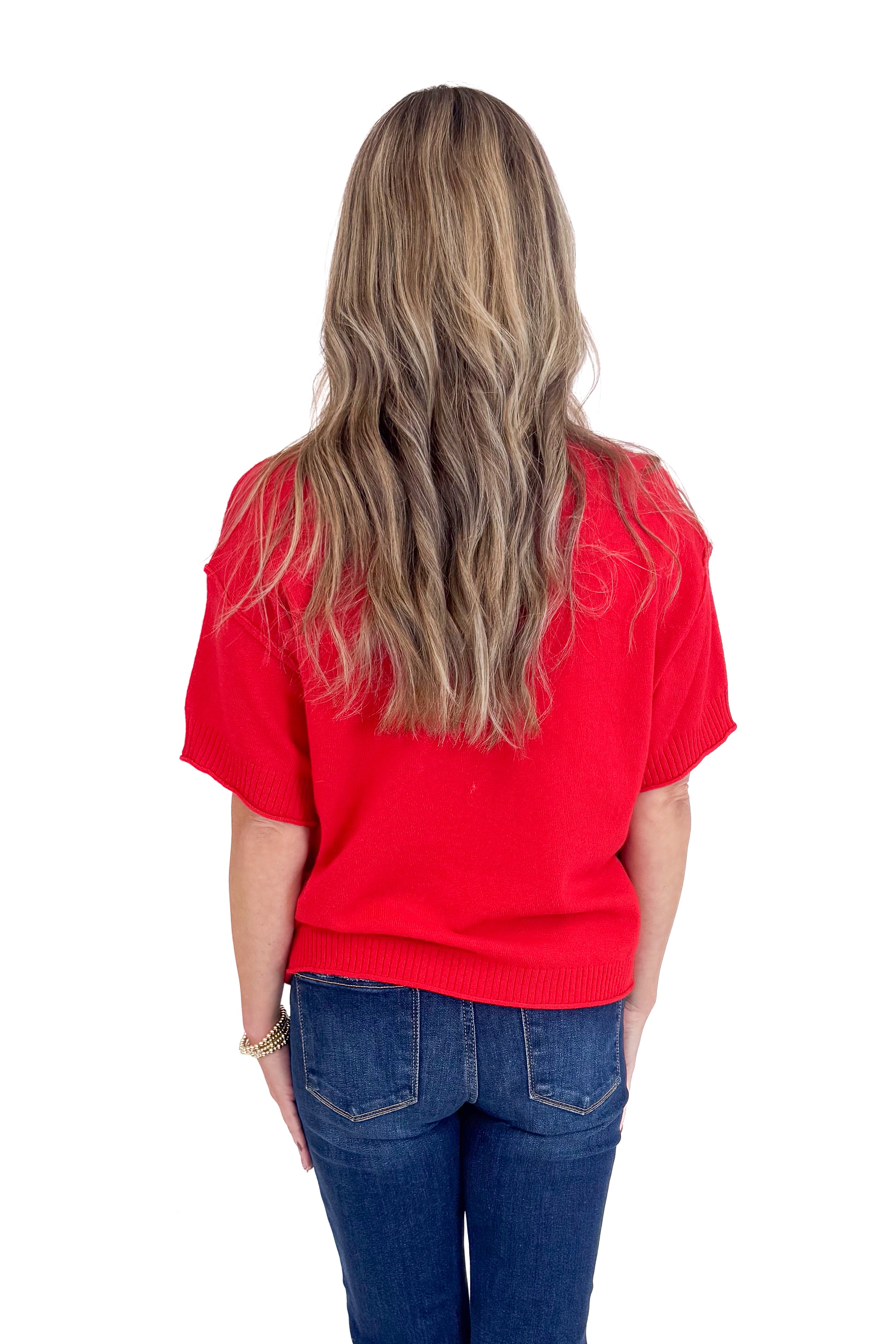 Comfort Zone Red Ribbed Hem Detail Short Sleeve Sweater