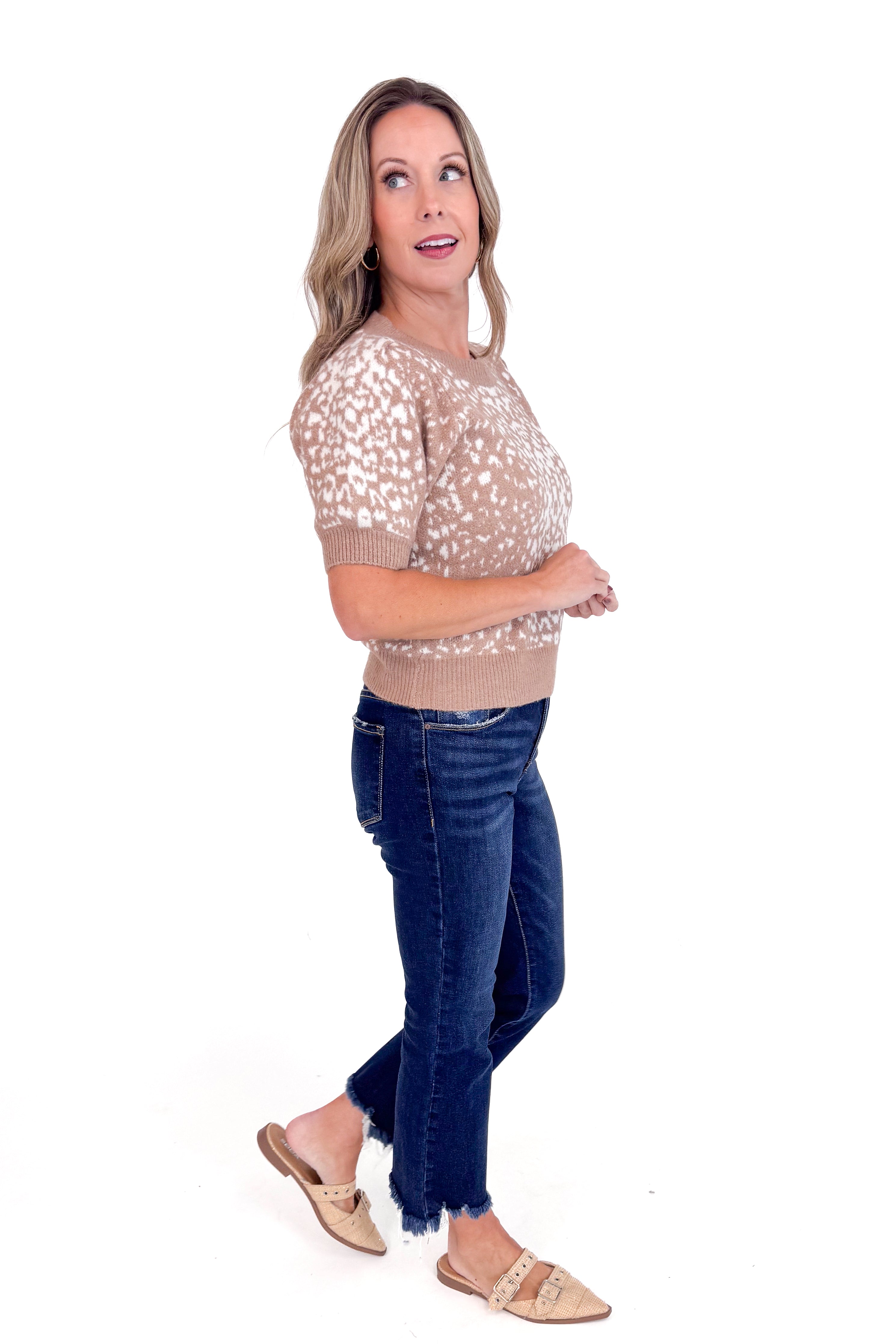 Double Take Taupe & White Animal Print Short Puff Sleeve Sweater by Entro
