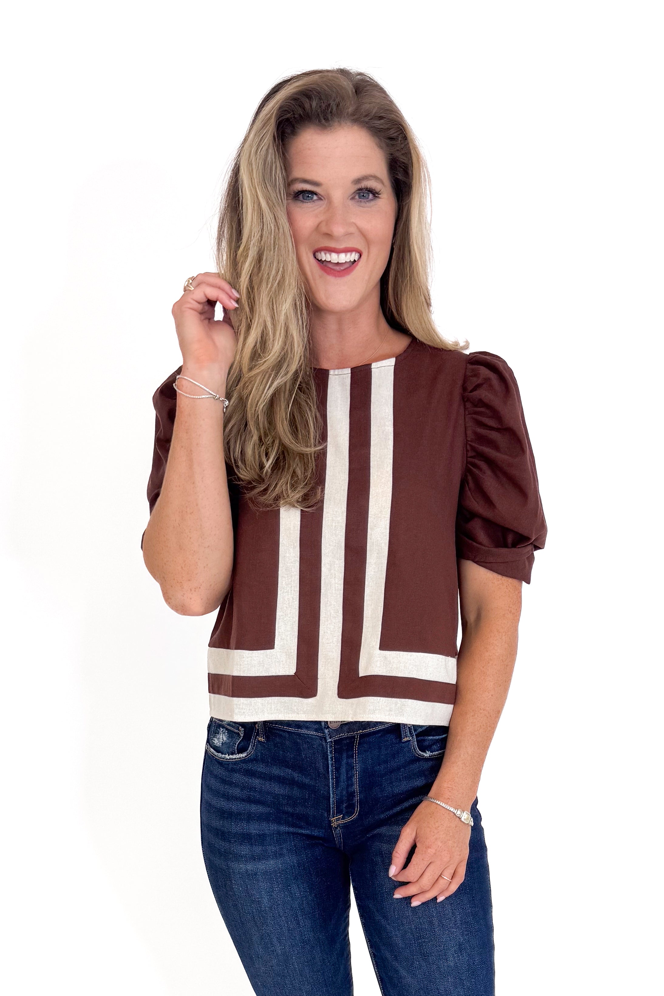 Leaf Me Be Brown Stripe Detail Puff Sleeve Top by Entro