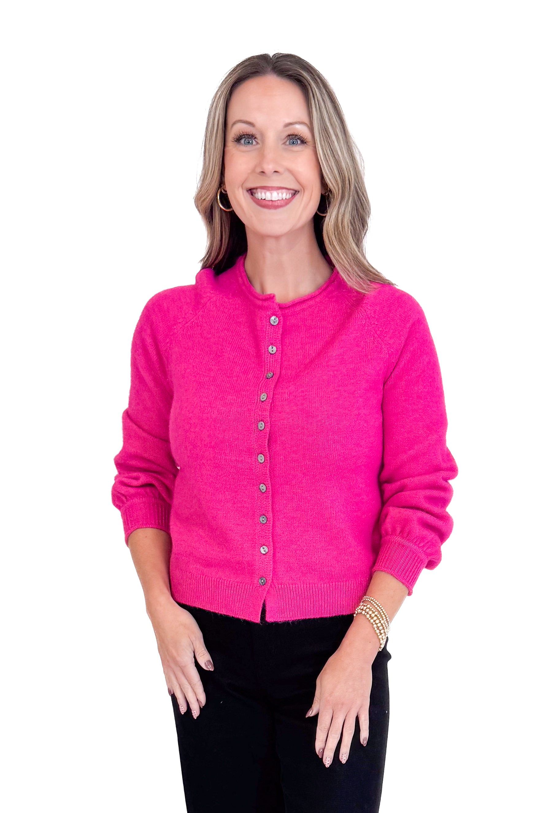 Good Energy Hot Pink Button Up Puff Sleeve Cardigan by Entro