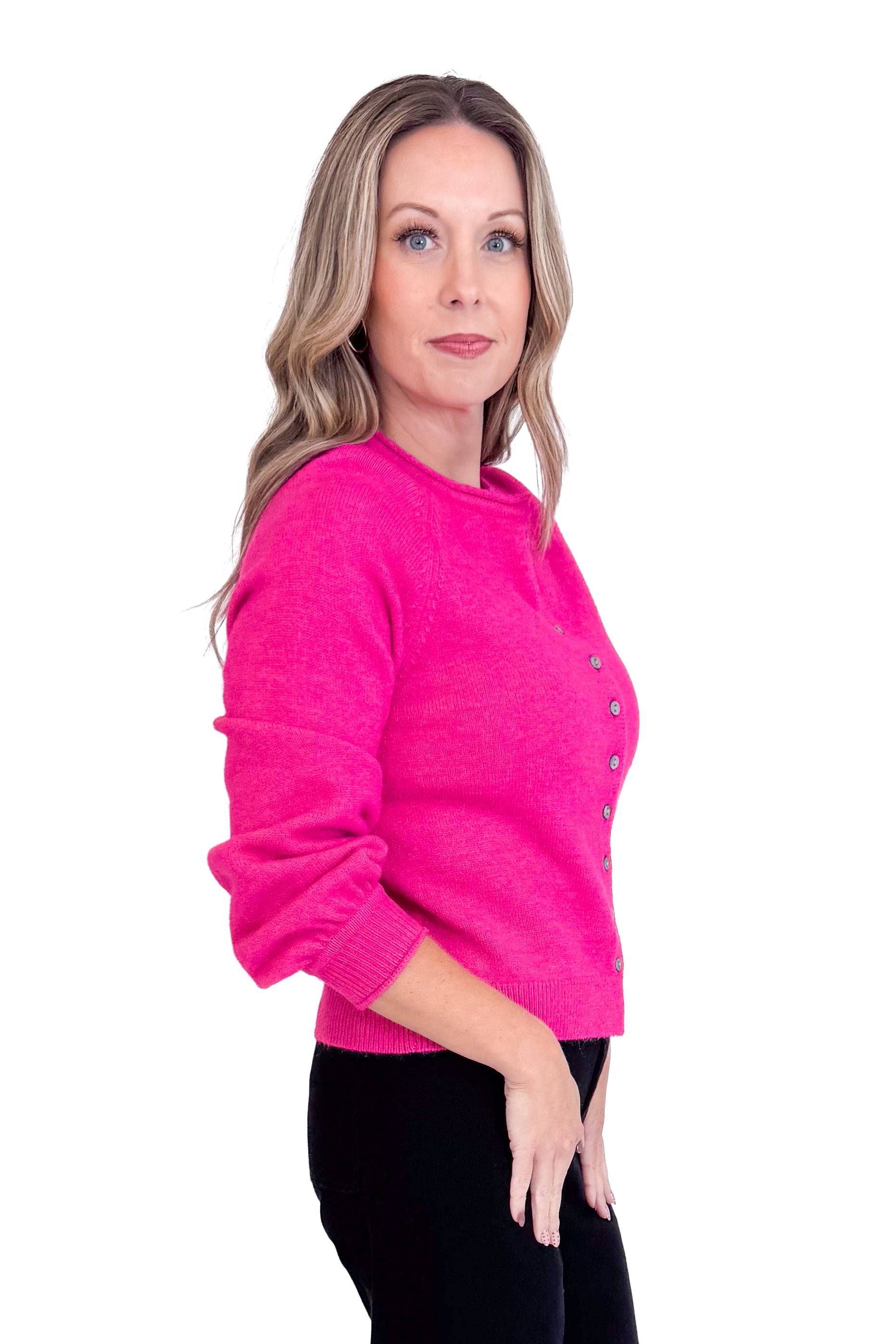 Good Energy Hot Pink Button Up Puff Sleeve Cardigan by Entro
