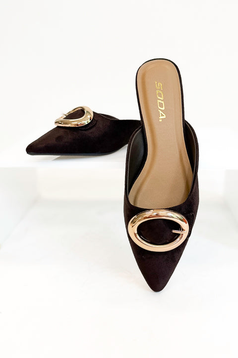 Jamie- Brown Suede Buckle Mule against white background front view.