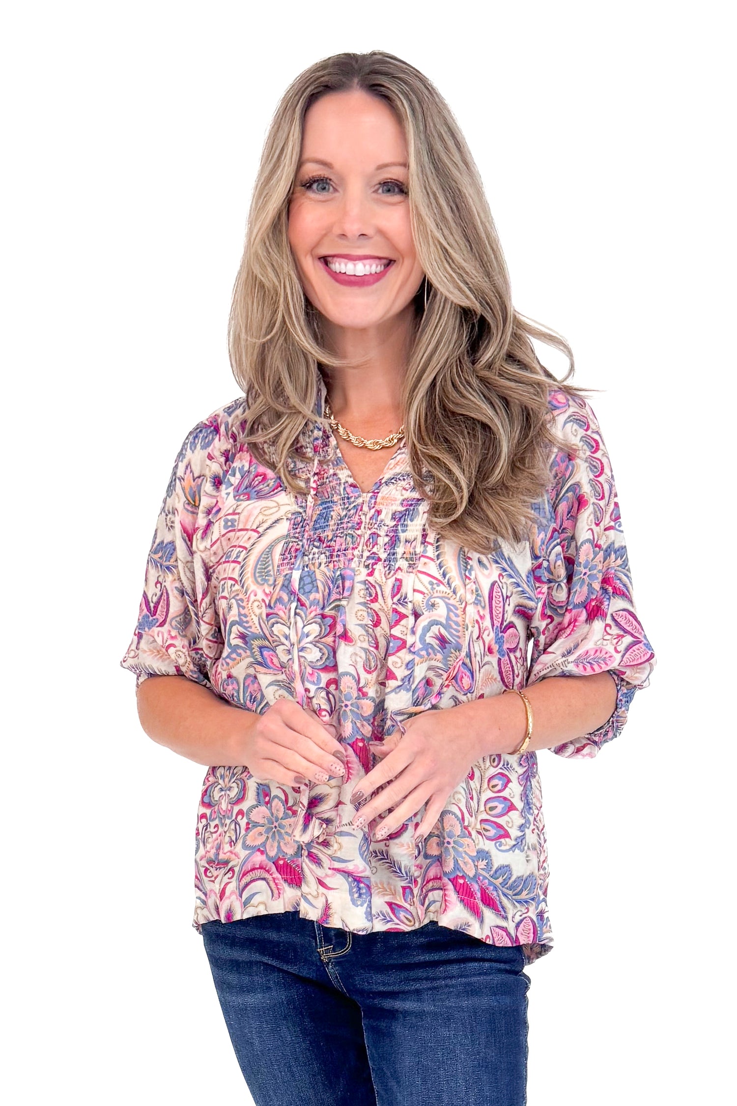 A New Season pink and blue paisley printed top - front model shot