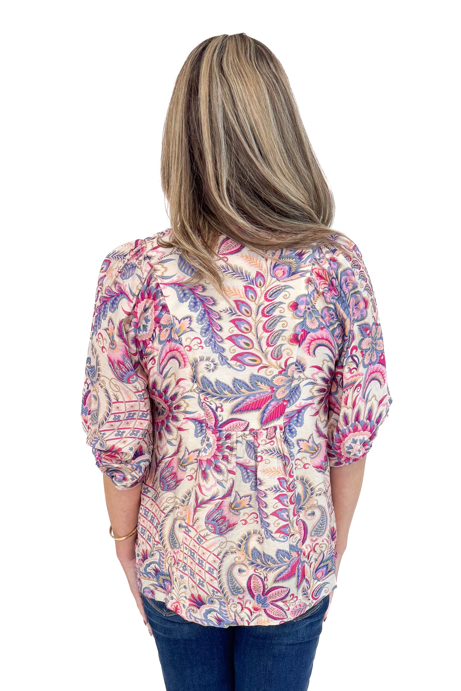A New Season pink and blue paisley printed top - back rear model shot