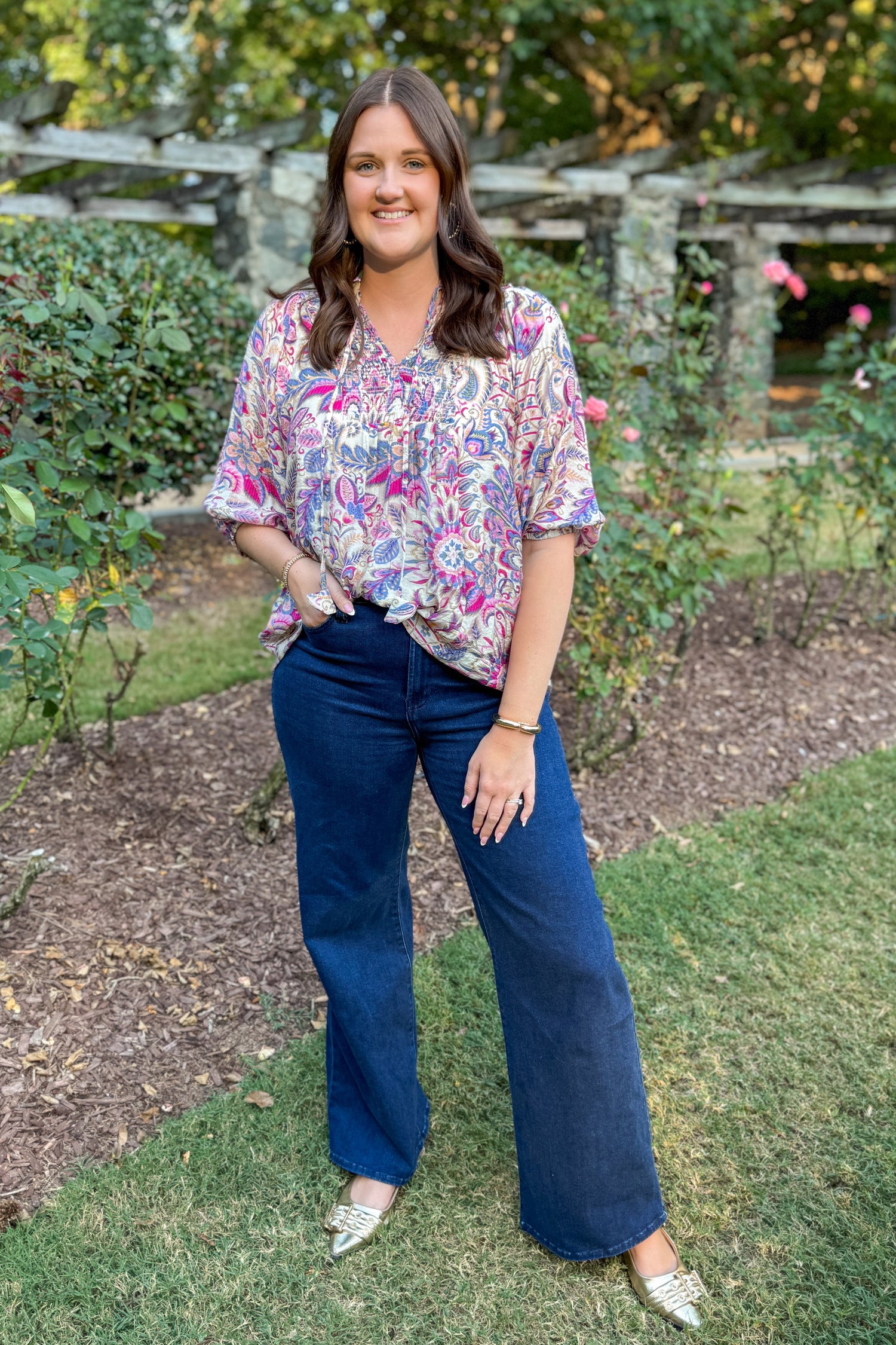 A New Season pink and blue paisley printed top and jeans - full length model shot outside