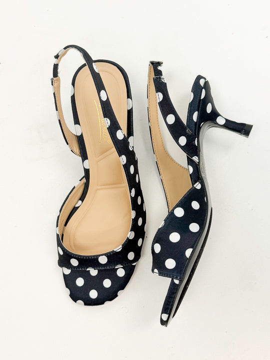 Keep- Black & White Polka Dot Kitten Heels against white studio background.