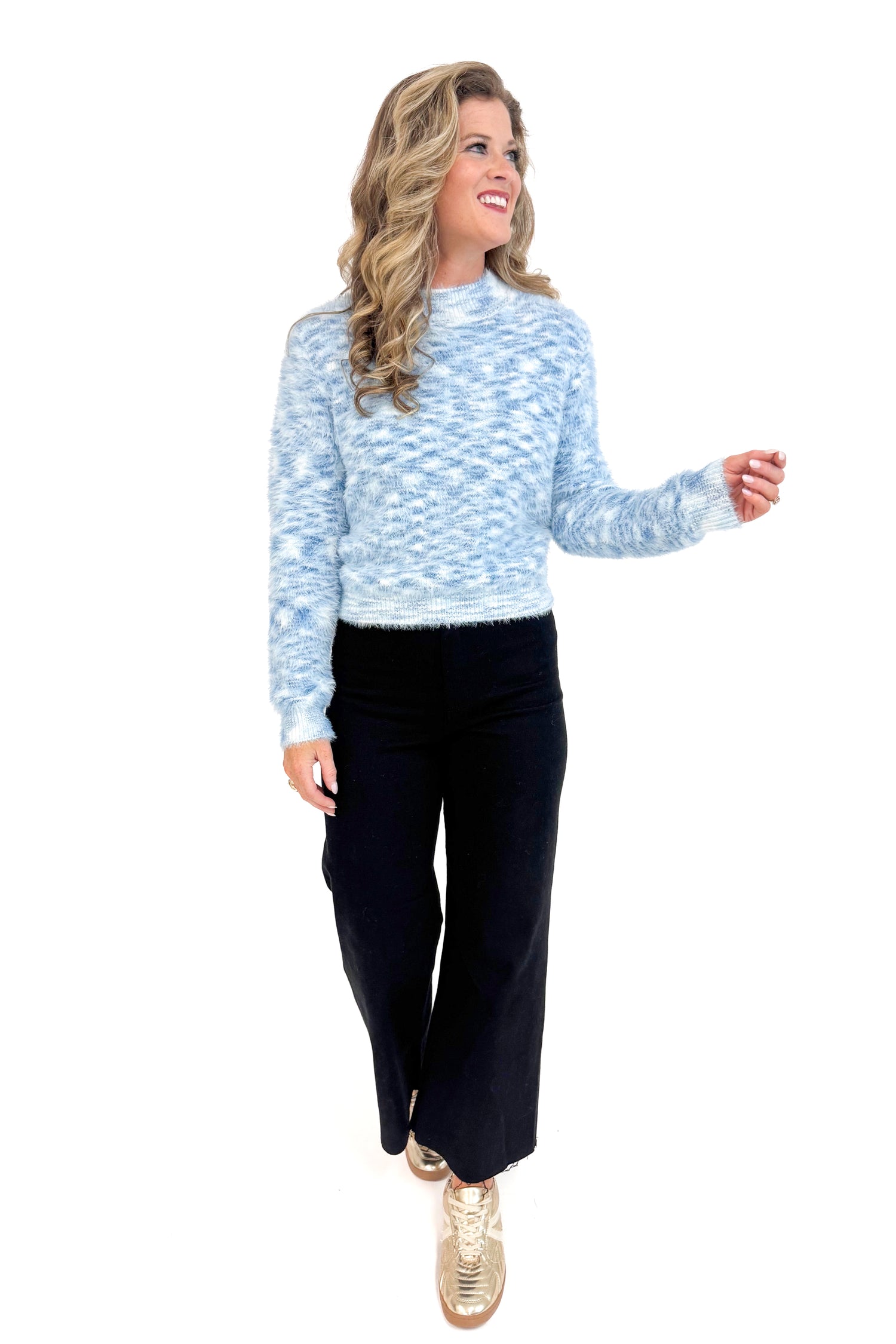 Outside The Lines blue fuzzy sweater - full front view on model