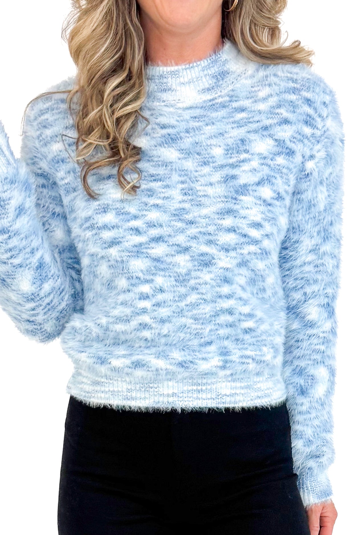 Outside The Lines blue fuzzy sweater - front close up view on model