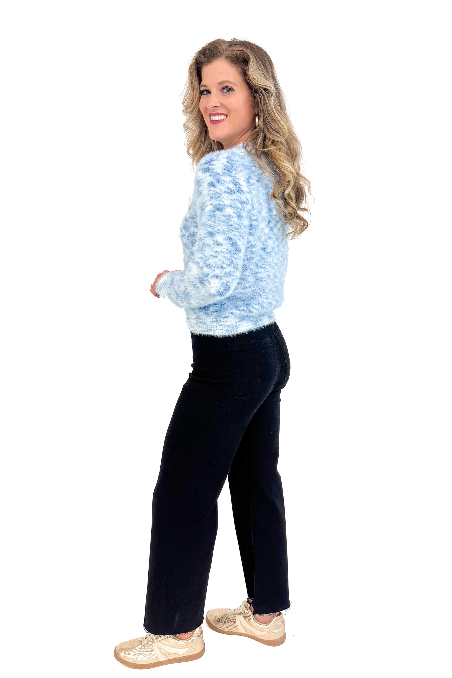 Outside The Lines blue fuzzy sweater - full side view on model