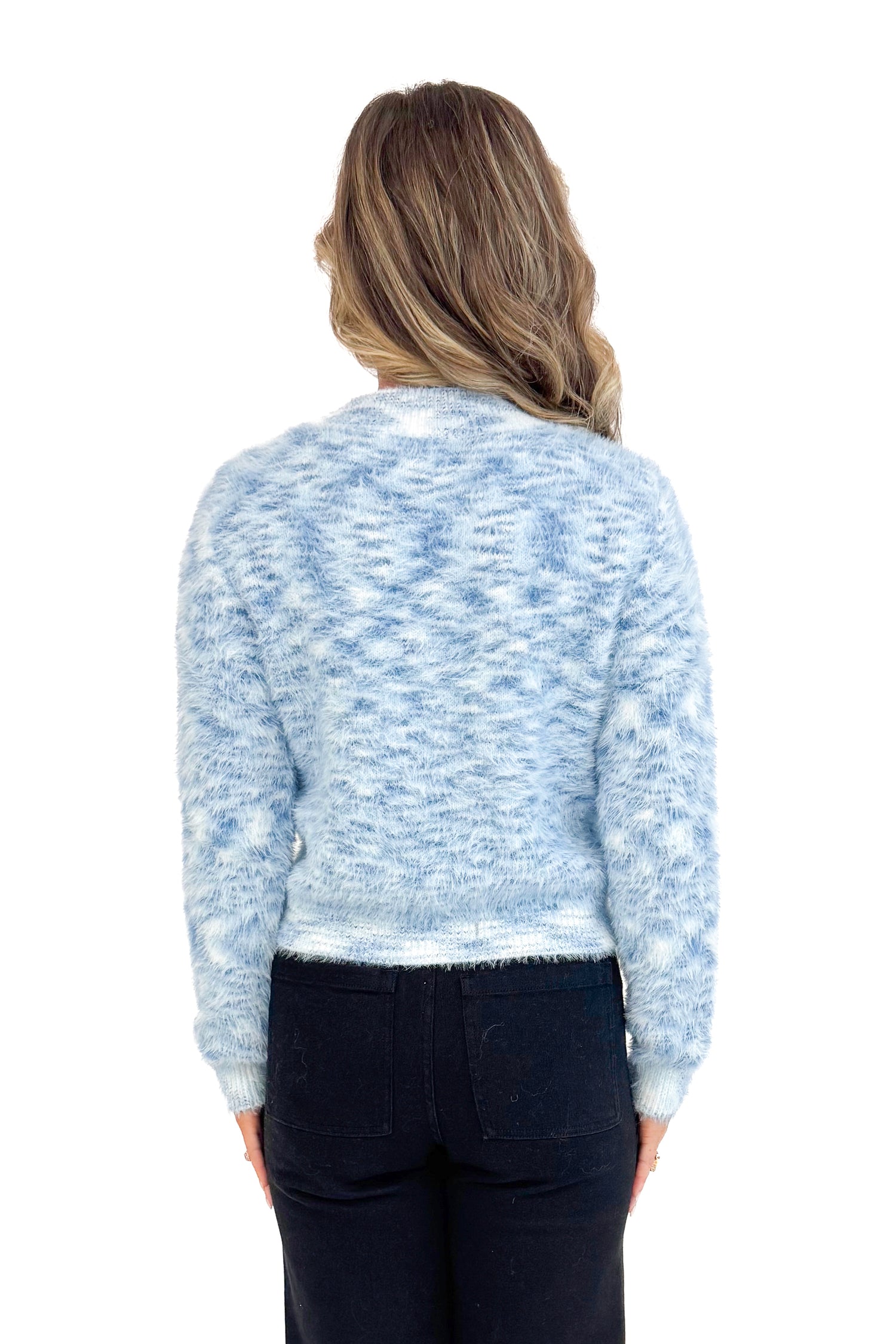 Outside The Lines blue fuzzy sweater - back view on model