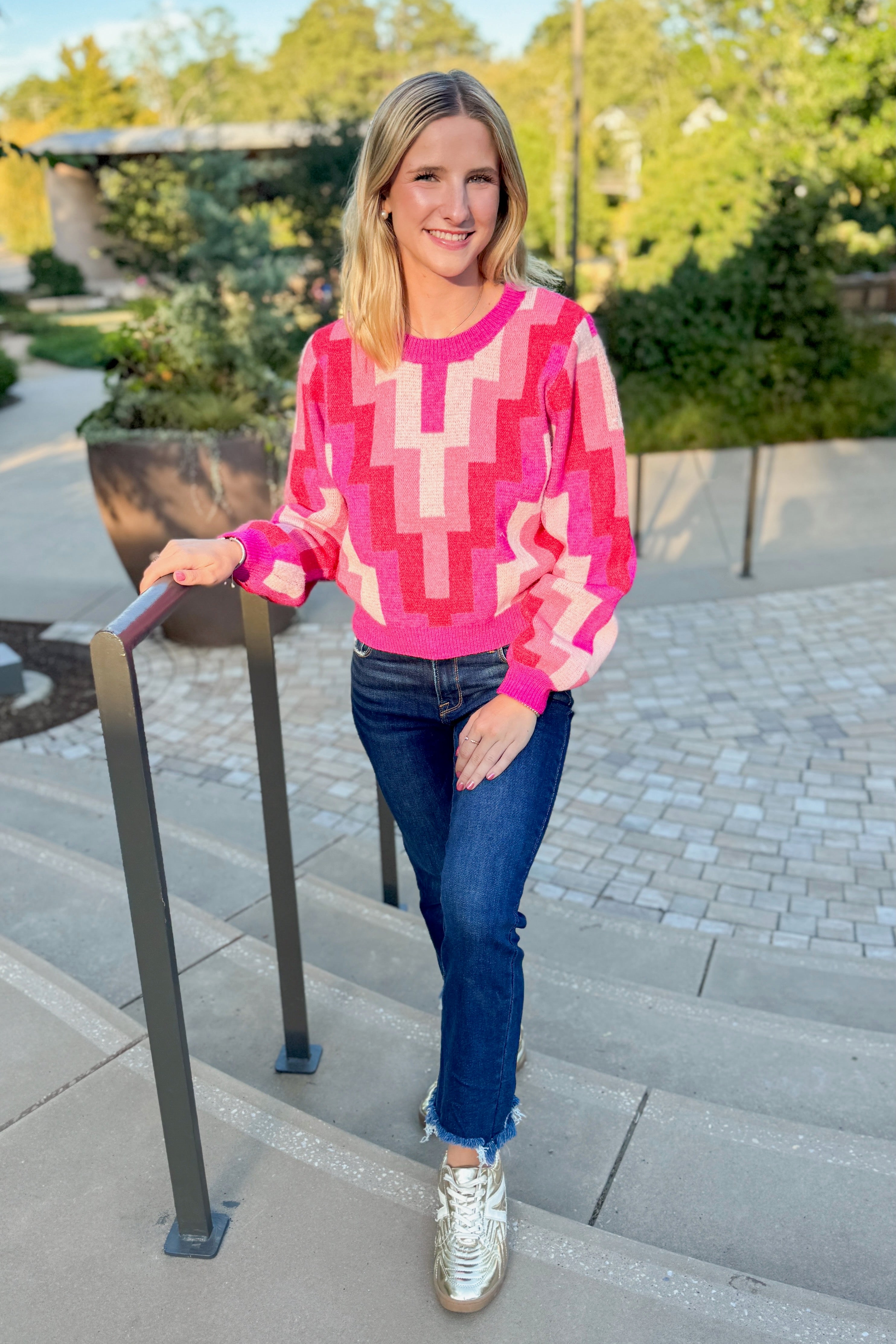 Just Because Fuchsia Multi Zig Zag Print Sweater