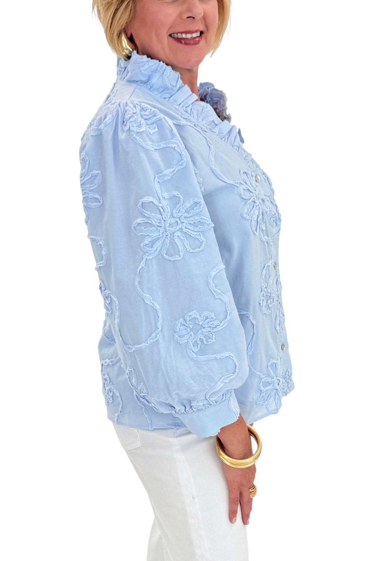 Side detail view of woman wearing Swagger Boutiqueās Light Blue Floral 3/4 Sleeve Embroidered Top with jeans against white studio background.