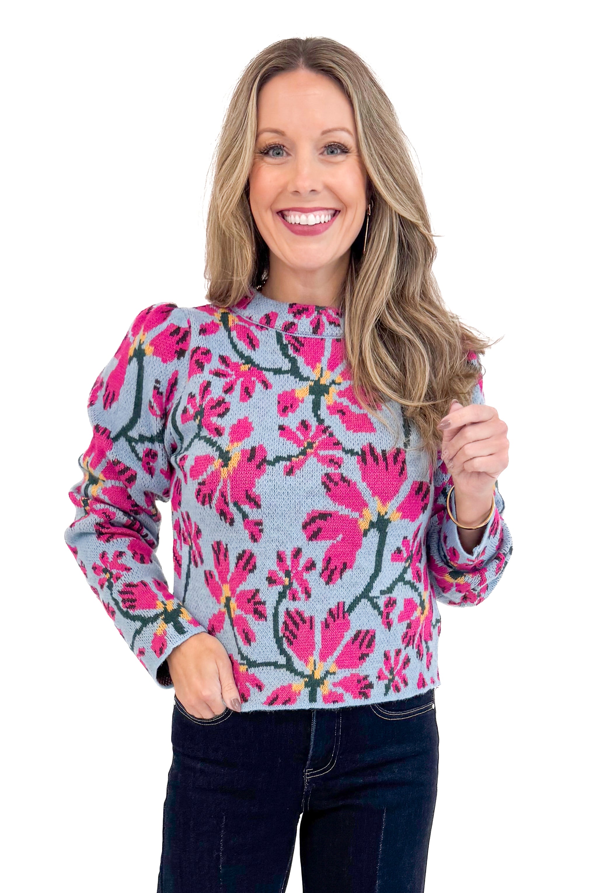 A Cut Above blue and pink floral printed sweater - front model shot
