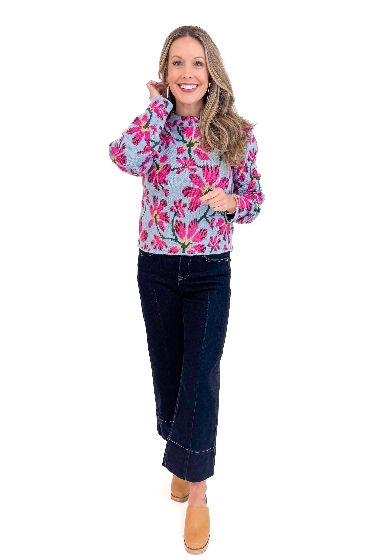 A Cut Above blue and pink floral printed sweater - full length front model shot