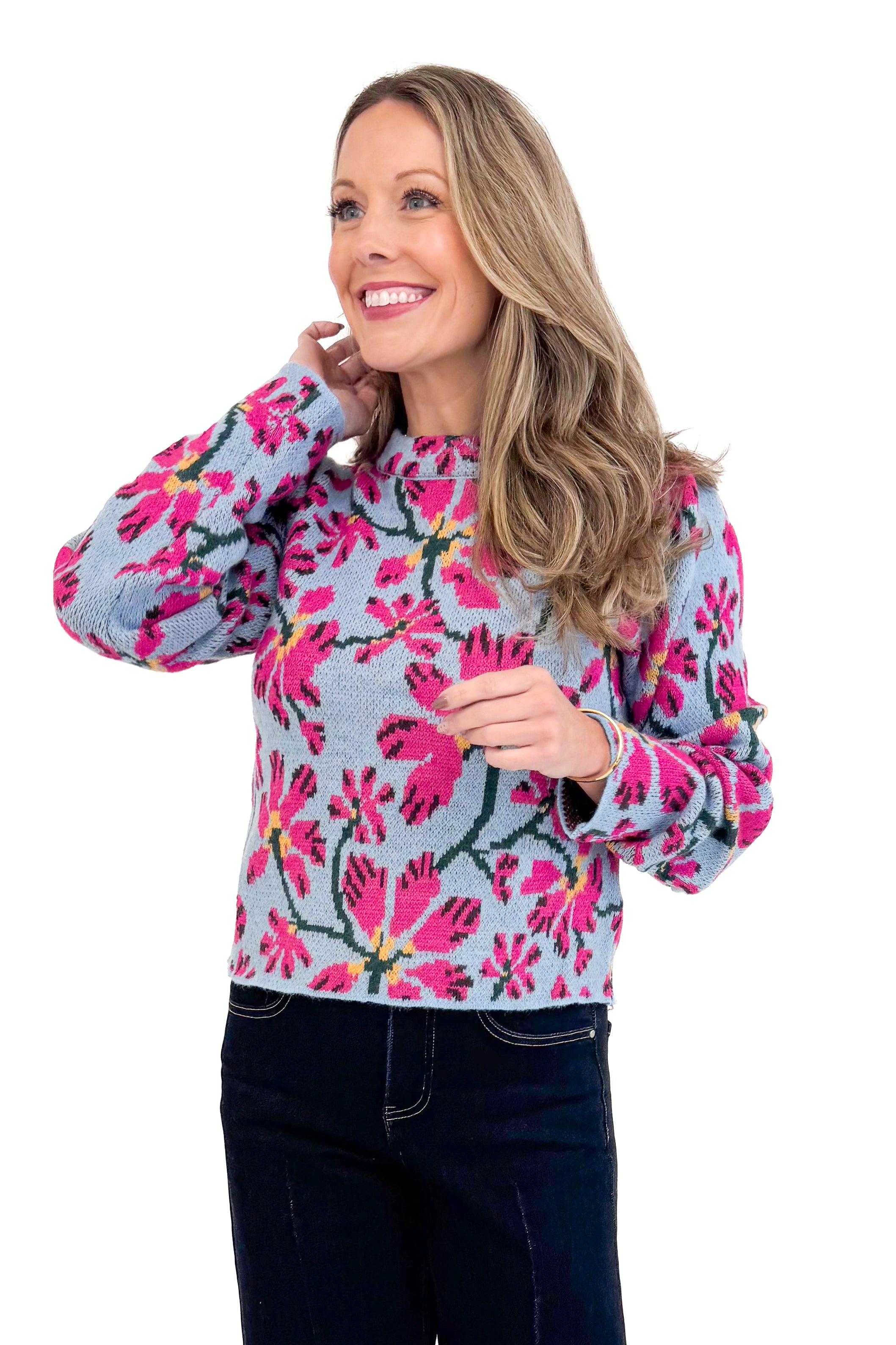 A Cut Above blue and pink floral printed sweater - front close up model shot