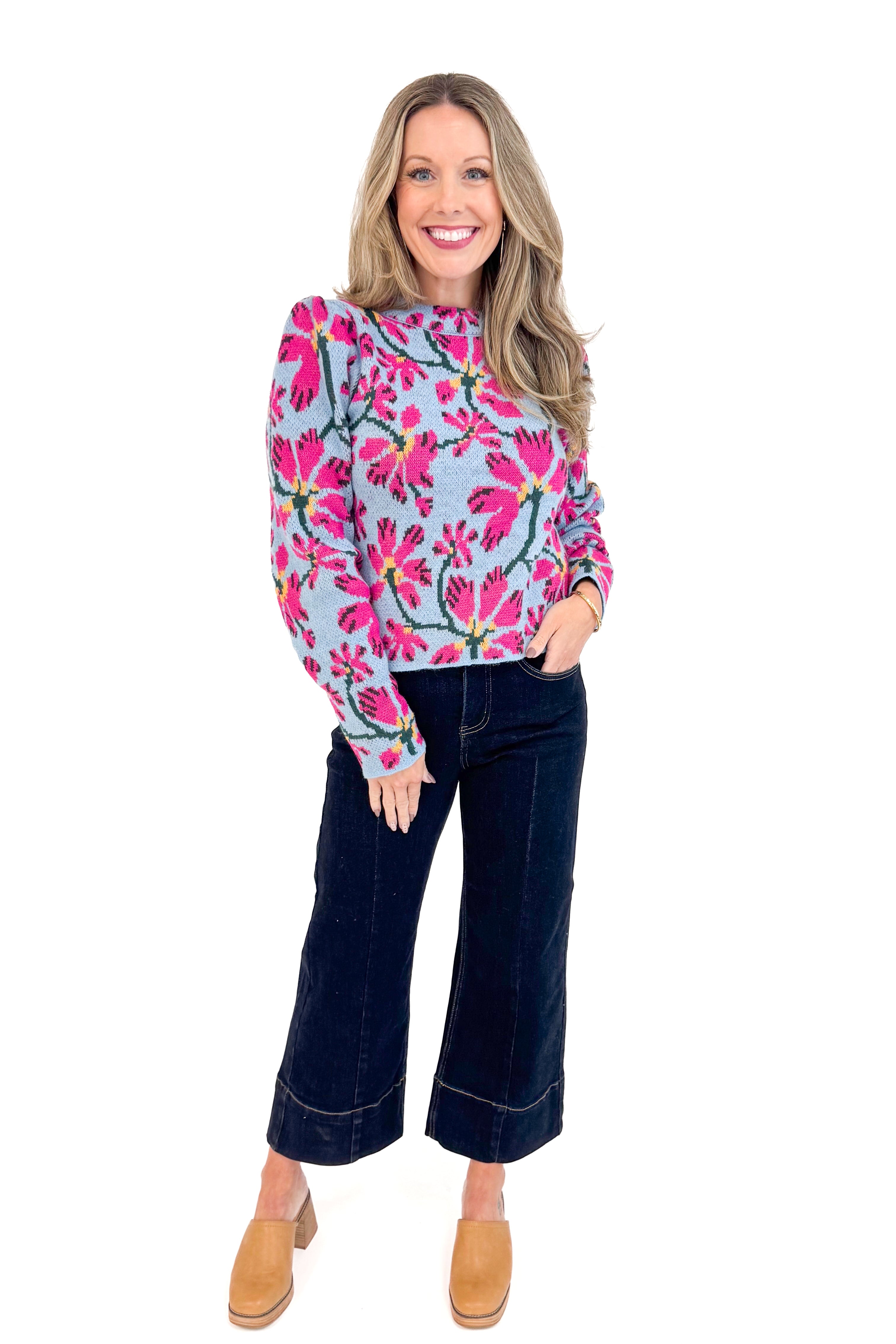 A Cut Above blue and pink floral printed sweater - front full length model shot