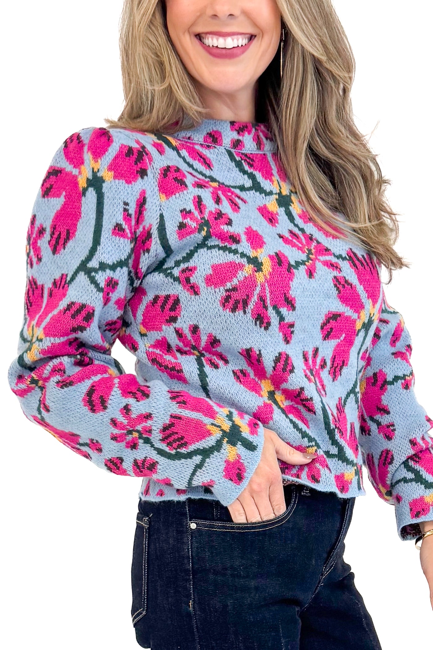 A Cut Above blue and pink floral printed sweater - up close detail side model shot