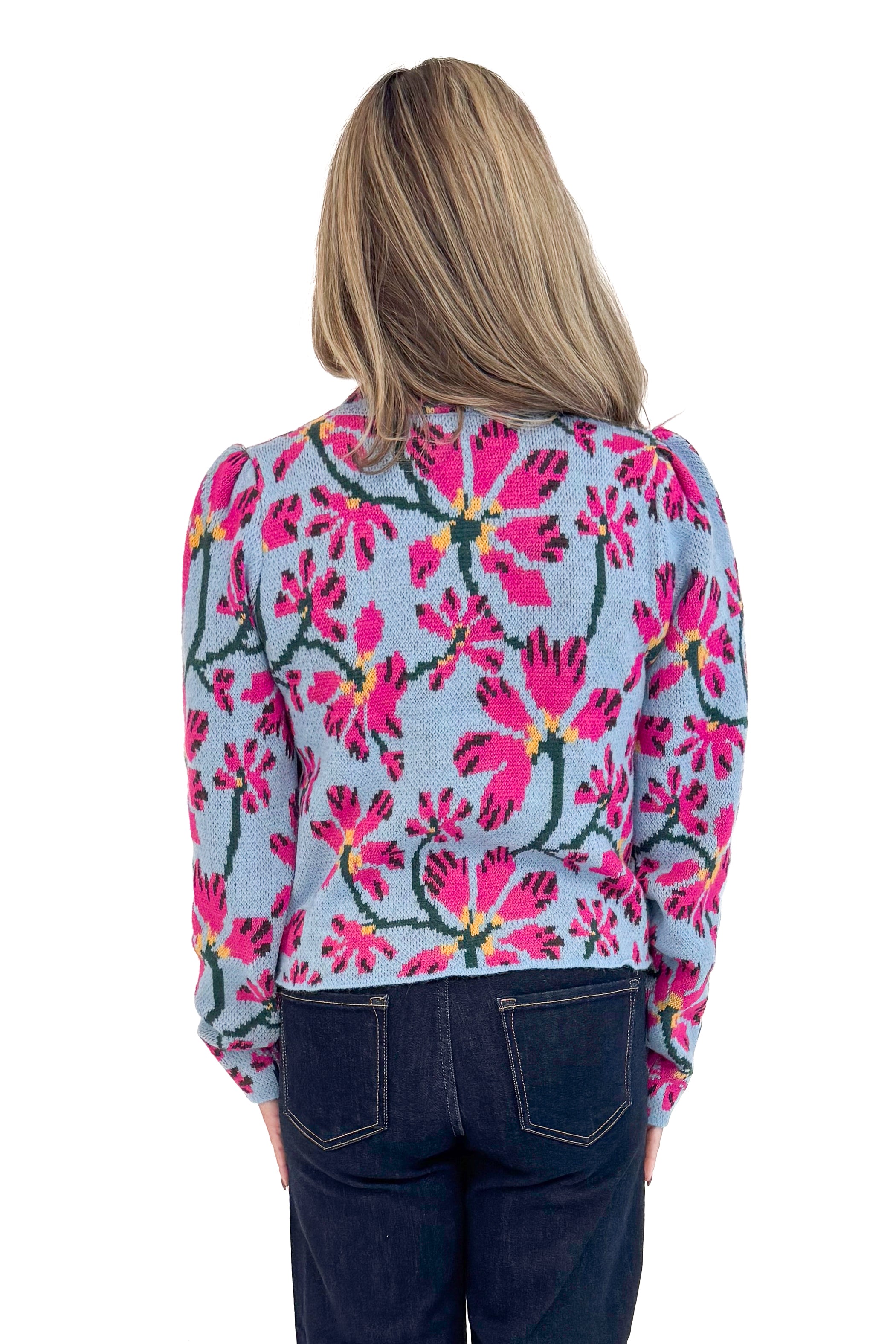 A Cut Above blue and pink floral printed sweater - back rear model shot