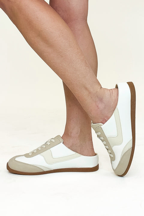 Mackay- White & Beige Slip On Sneakers side view against white background.