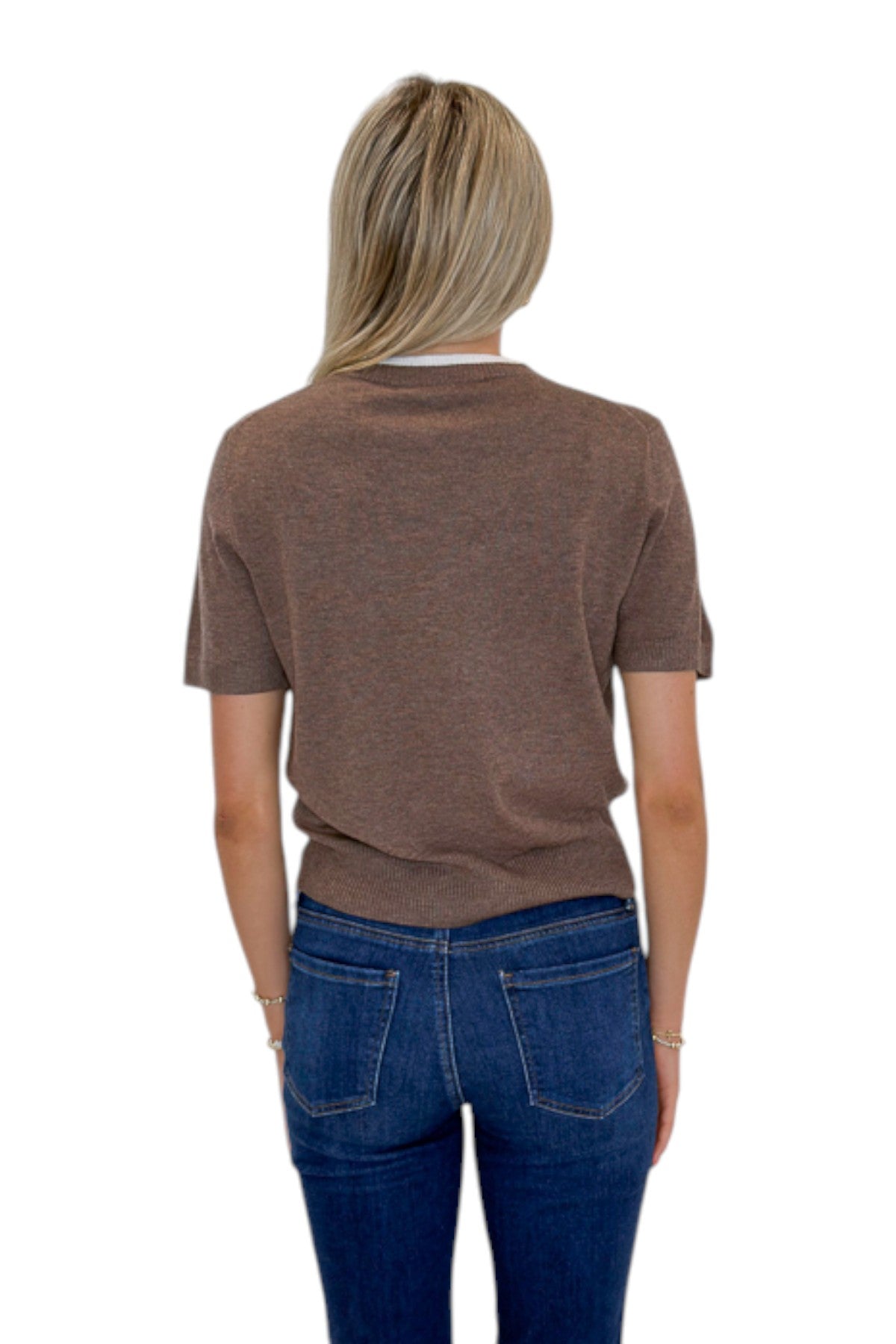 Back view of woman wearing Swagger Boutique’s Mocha Double Collared Top with jeans against white studio background.