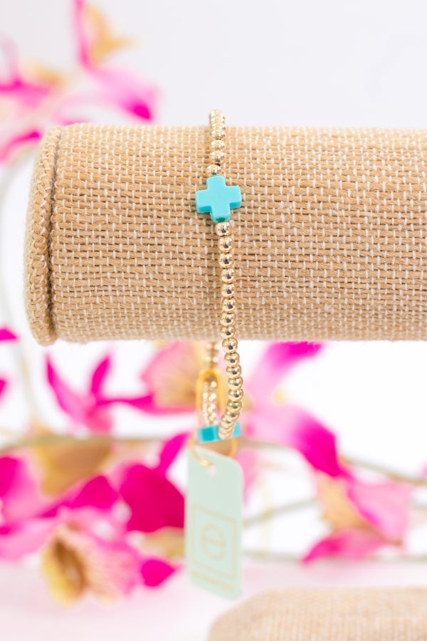 Signature Cross Gold Pattern 3mm Bead Bracelet In Turquoise by enewton