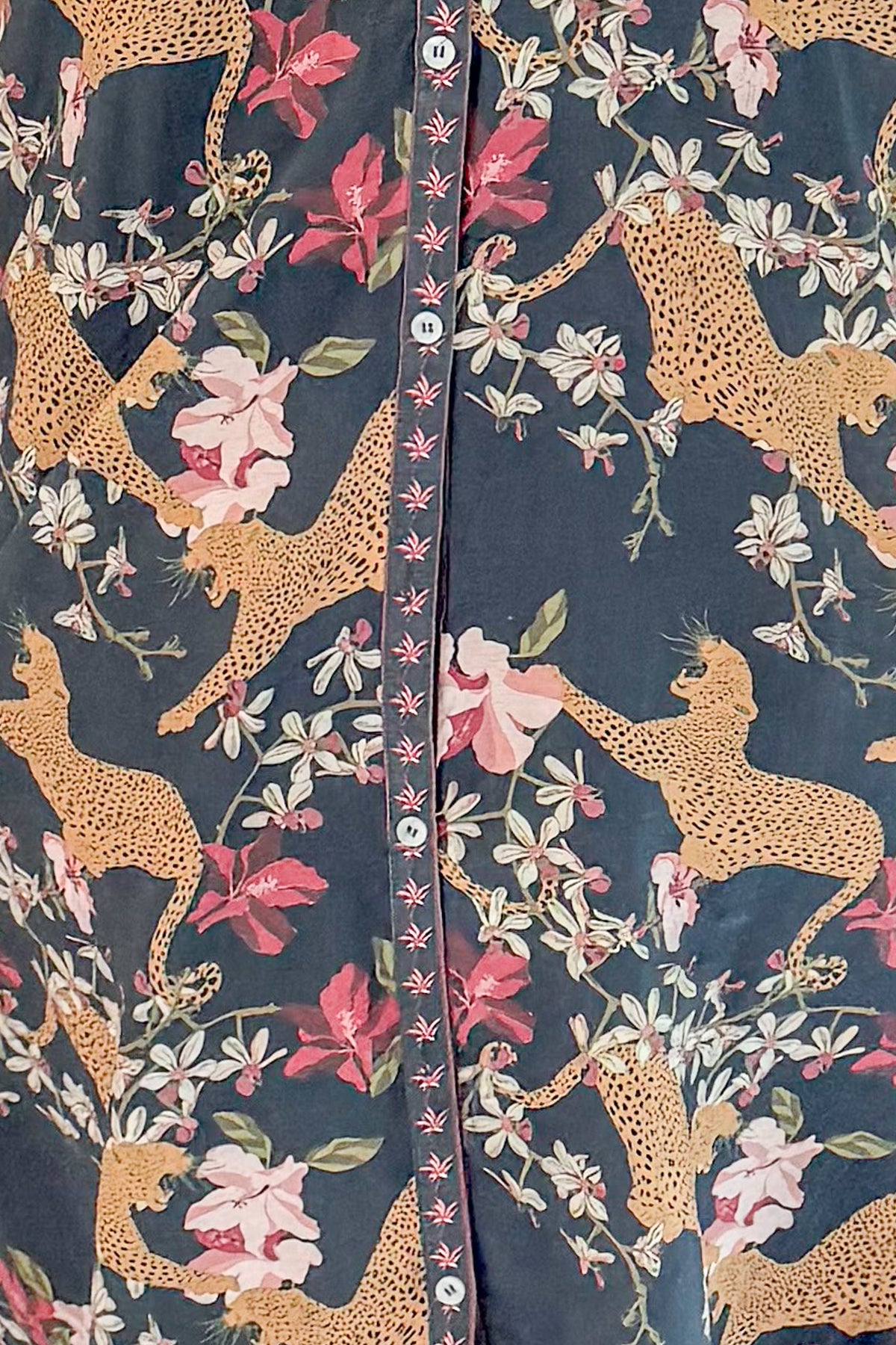Navy Animal Print Midi Dress fabric detail.