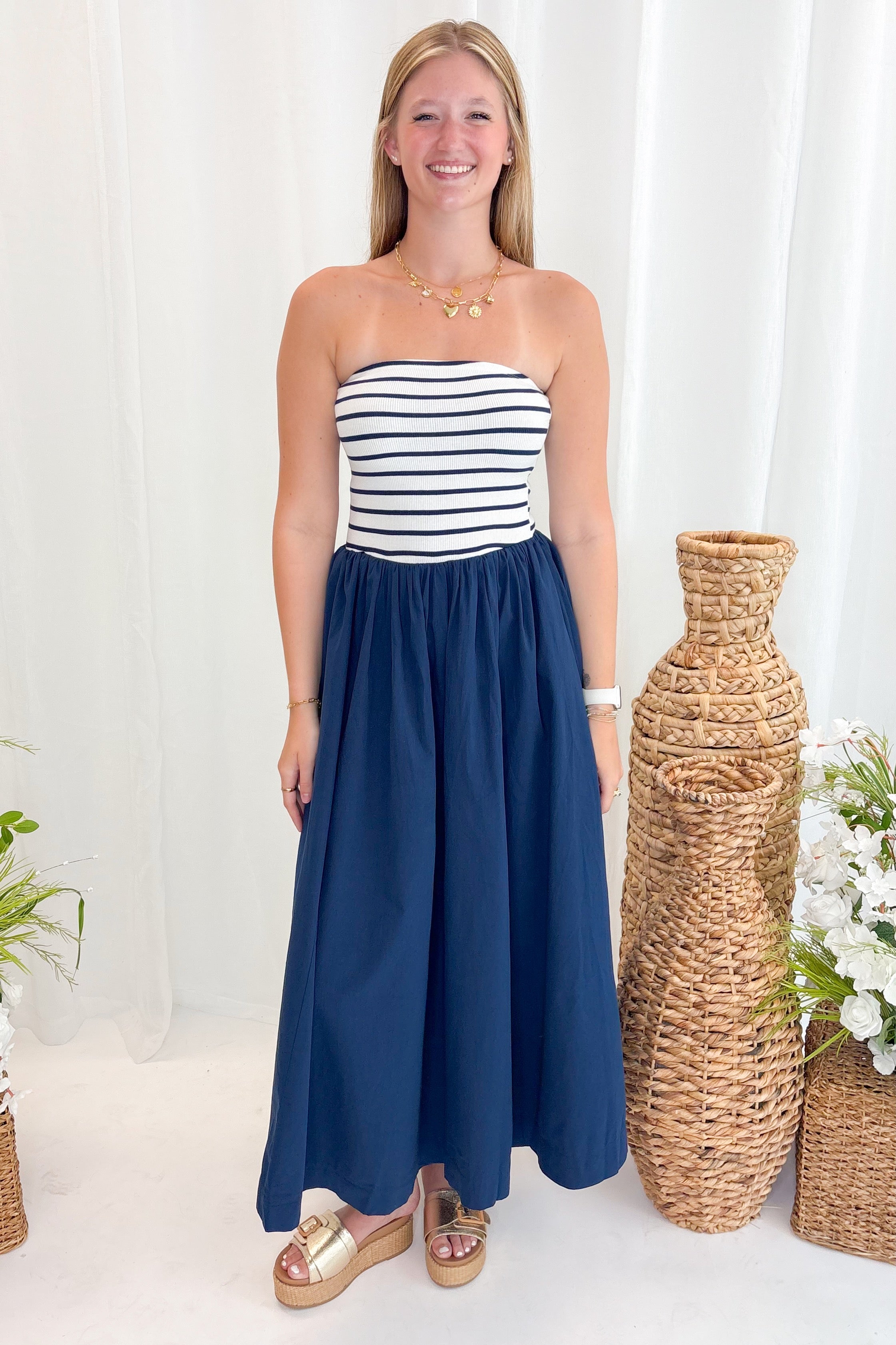 blue and white striped strapless maxi dress By Together Striped Tube Maxi Dress main image 0