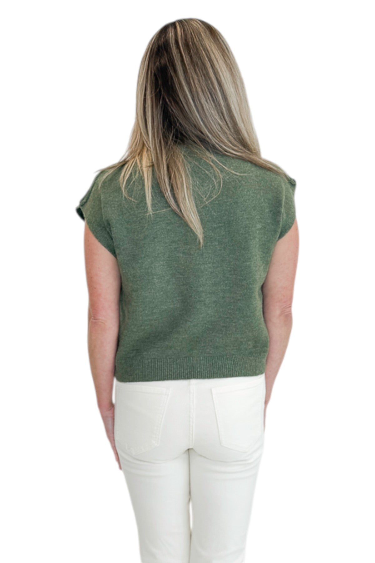 Back view of woman wearing Swagger Boutiqueās Olive Sleeveless Sweater by Entro with jeans against white studio background.