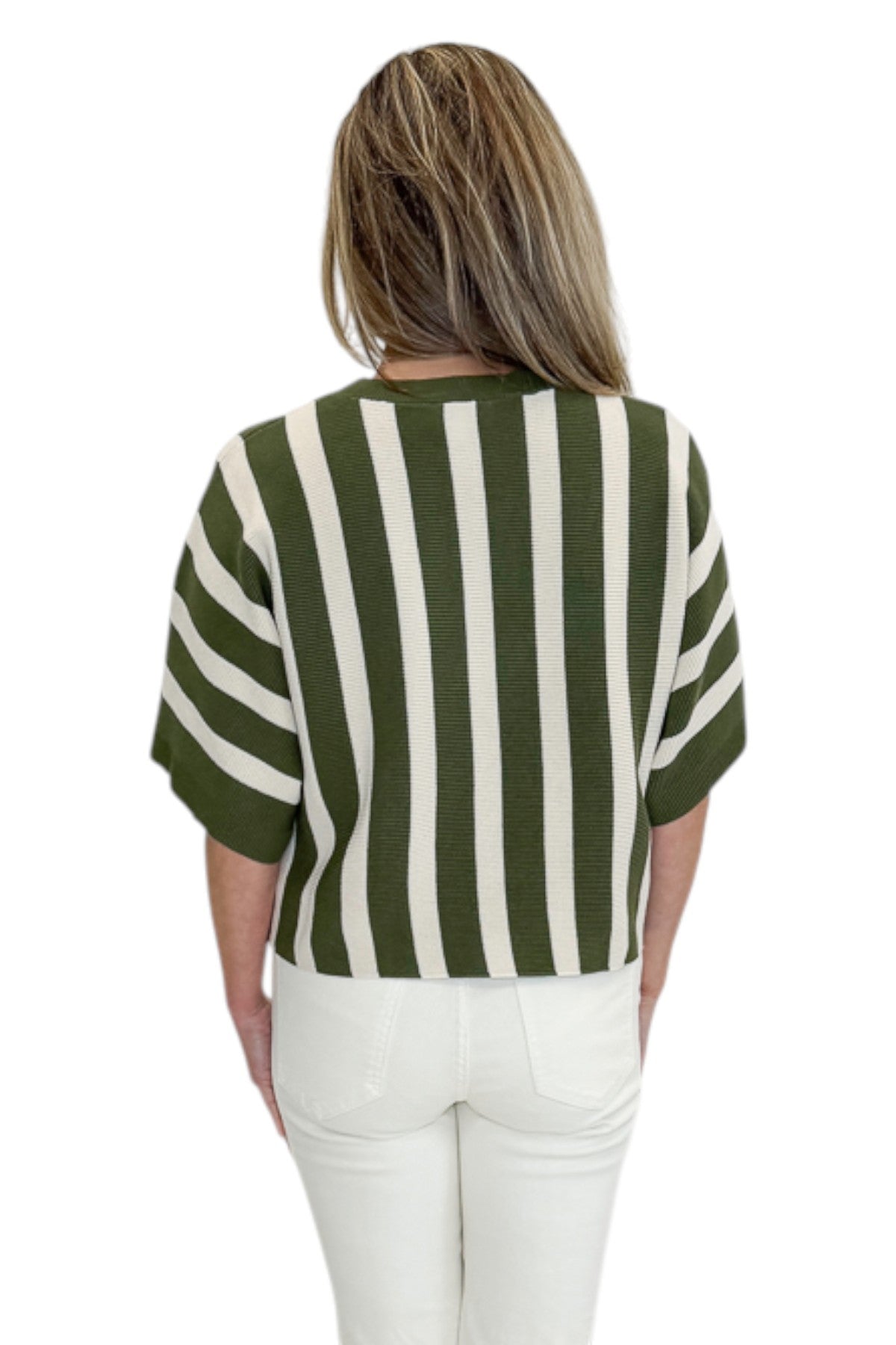 Back view of woman wearing Swagger Boutiqueās Olive & Cream Striped Short Sleeve Sweater by Entro with jeans against white studio background.