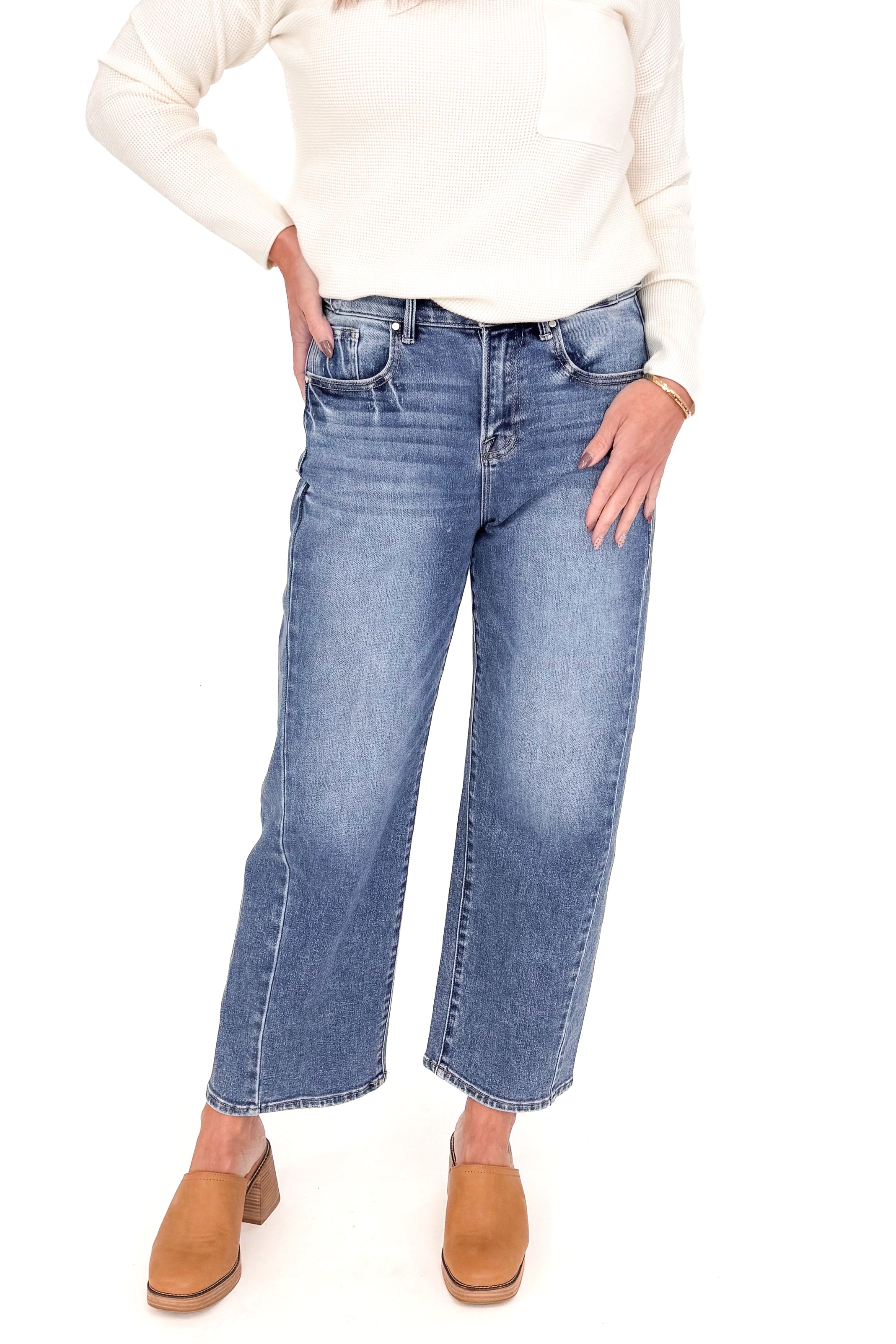 Katie medium wash adjustable waist barrel jeans by Risen - front view on model