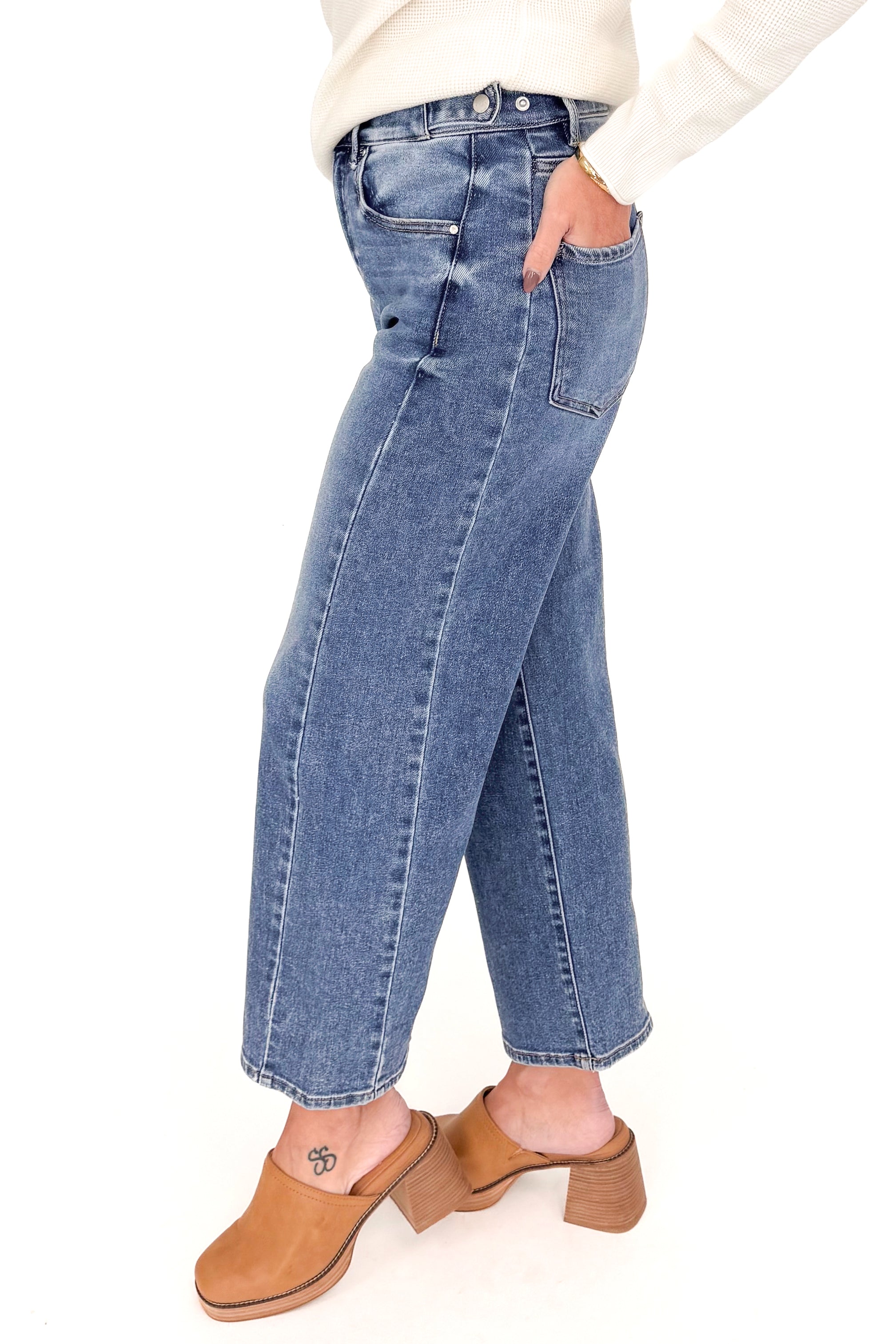 Katie medium wash adjustable waist barrel jeans by Risen - side view on model