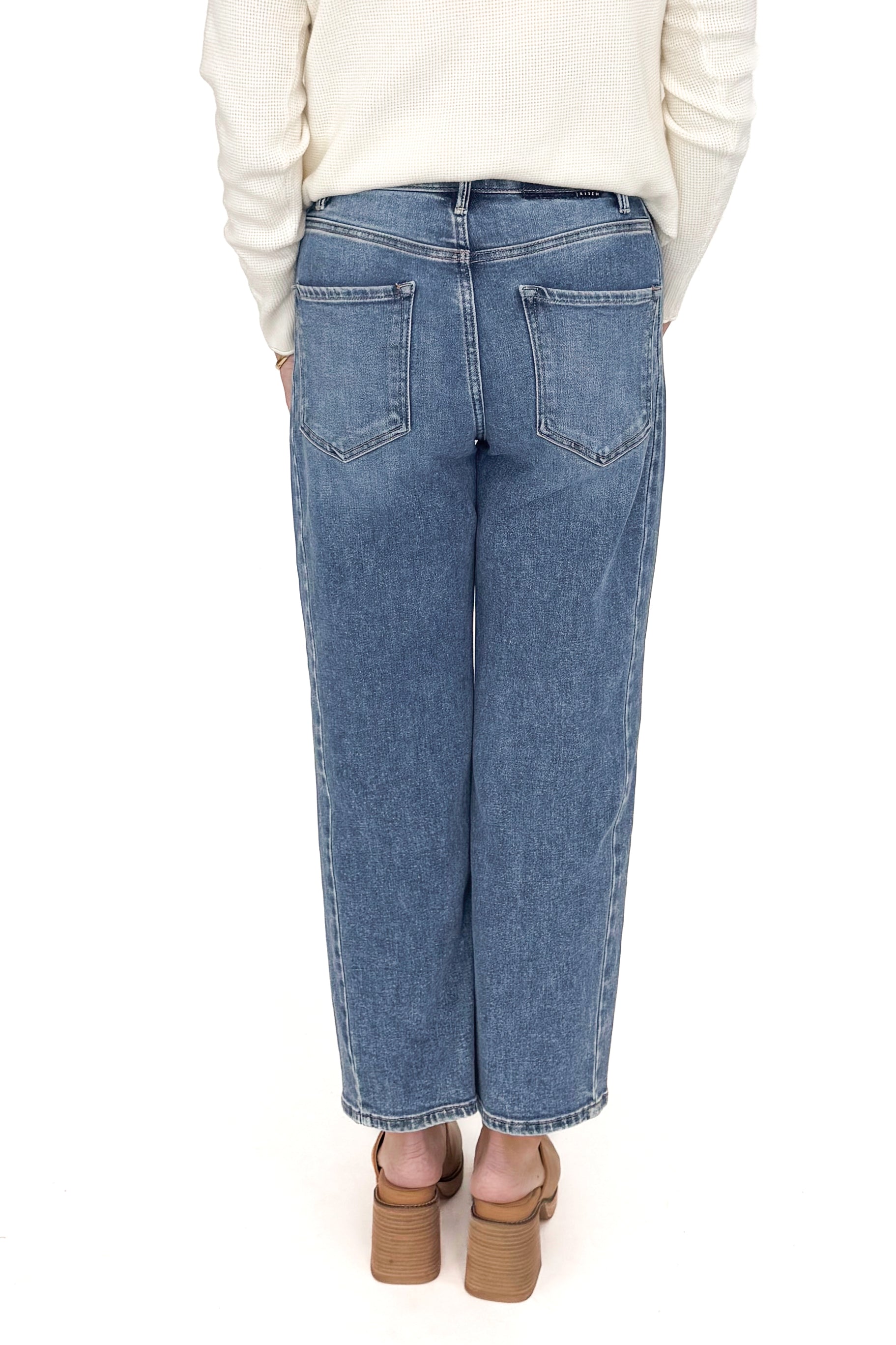 Katie medium wash adjustable waist barrel jeans by Risen - back view on model