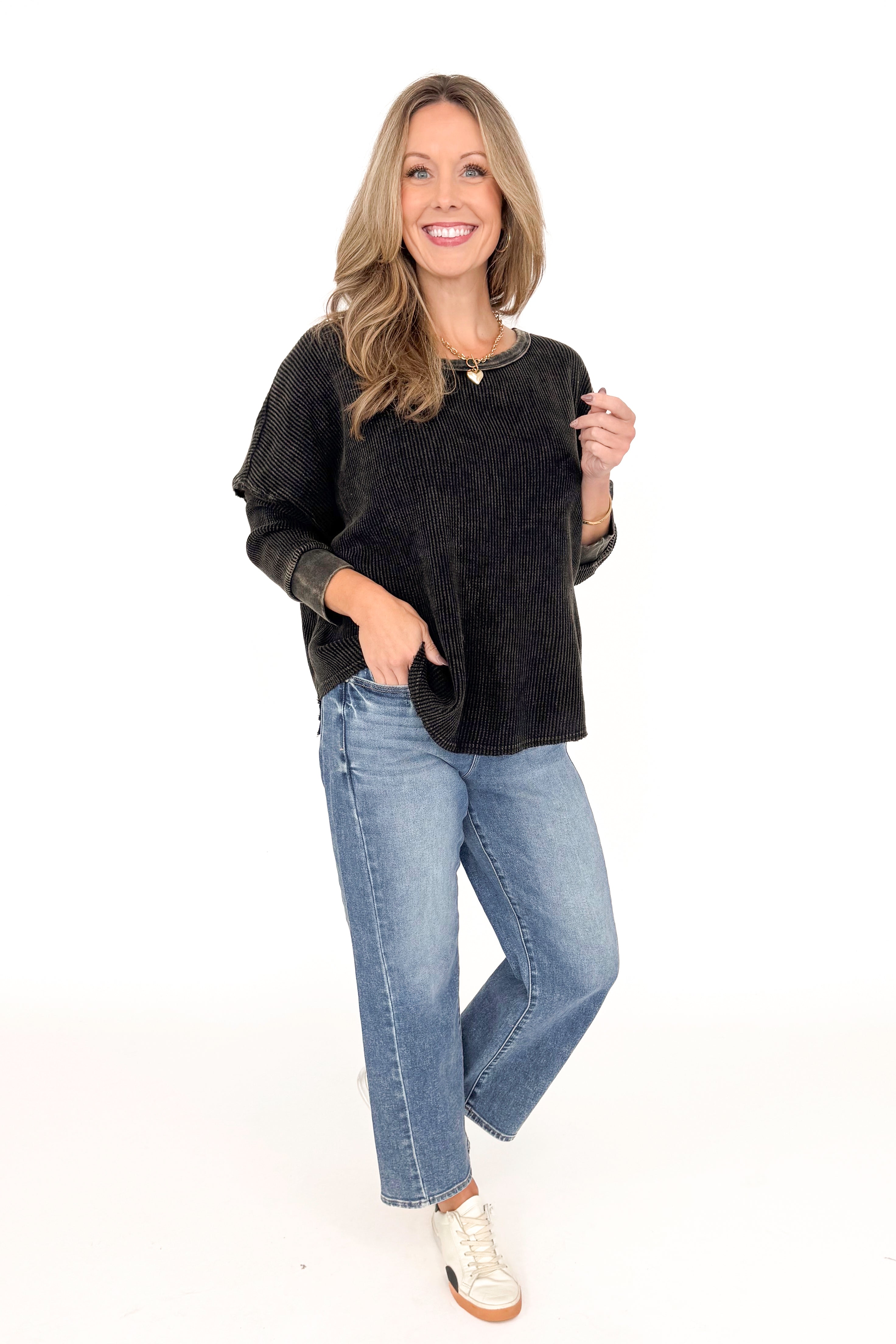 Katie medium wash adjustable waist barrel jeans by Risen - full length model shot