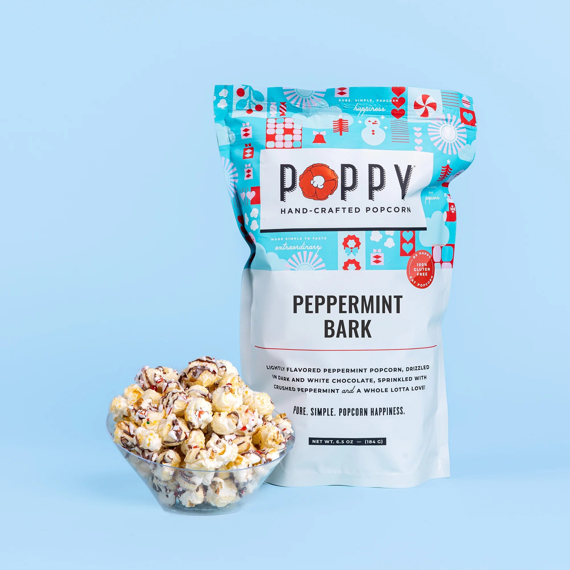 Peppermint Bark Poppy Popcorn Market Bag and popcorn shown.