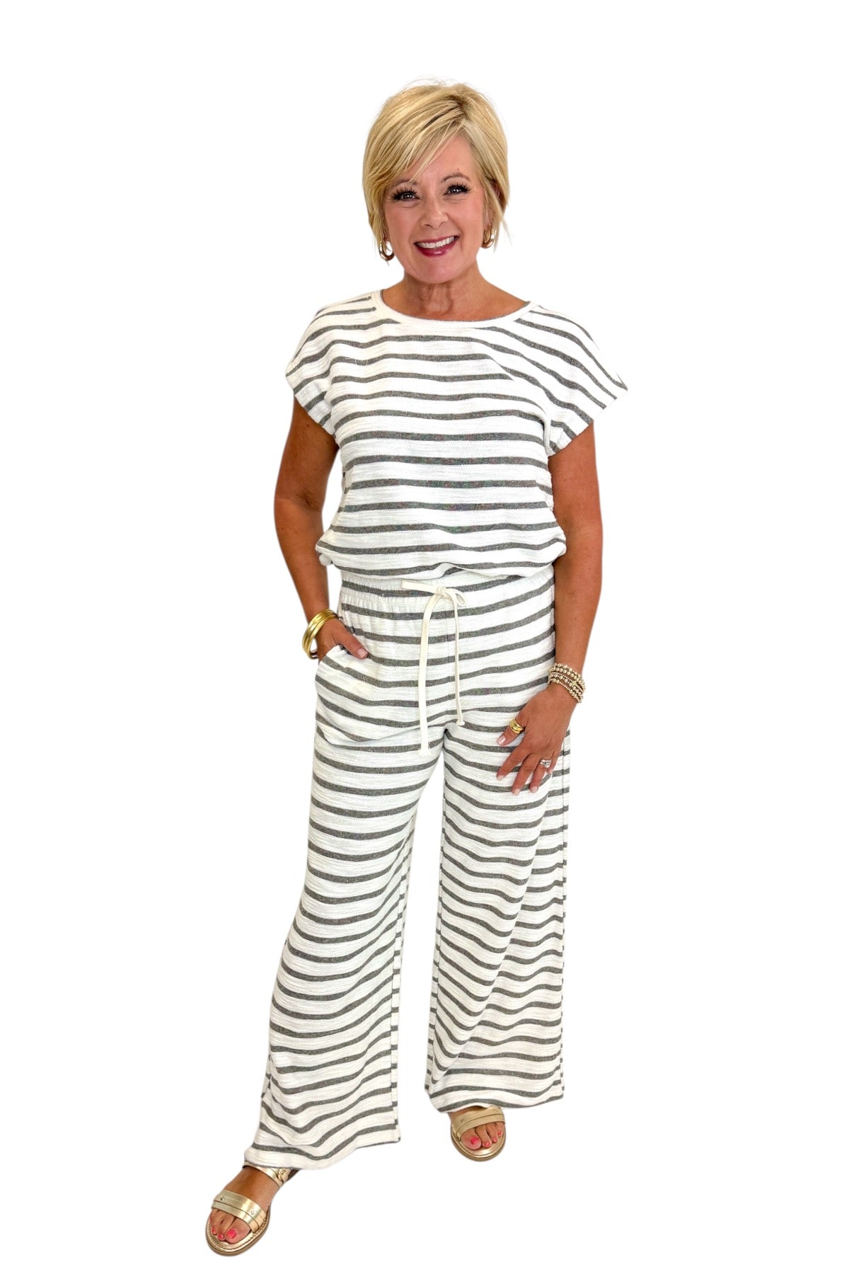 Coasting Through Life Light Grey Striped Short Sleeve Top